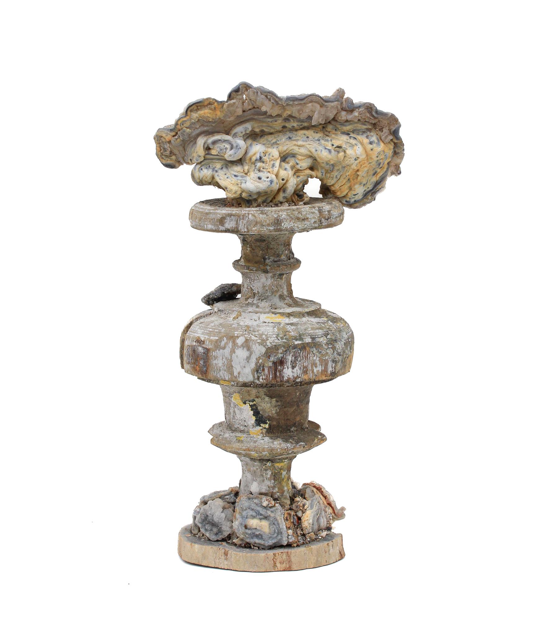 italienische Vase aus dem 17. Jahrhundert, montiert und verkrustet mit Rosetten aus Chalcedon auf einem Sockel aus versteinertem Holz.

Dieses Fragment stammt aus einer Kirche in Florenz. Es wurde bei der historischen Überschwemmung von Florenz im