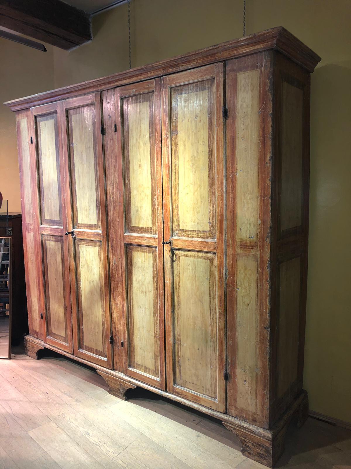 17th century Italian lacquered big cabinet
four doors, arranged internally with shelves
original lacquer
originali hardwares (lockers, hinges and keys)
Restoration: conservative
Dismountable
Size: L 253 x P 61 x H 267 cm
A video is available