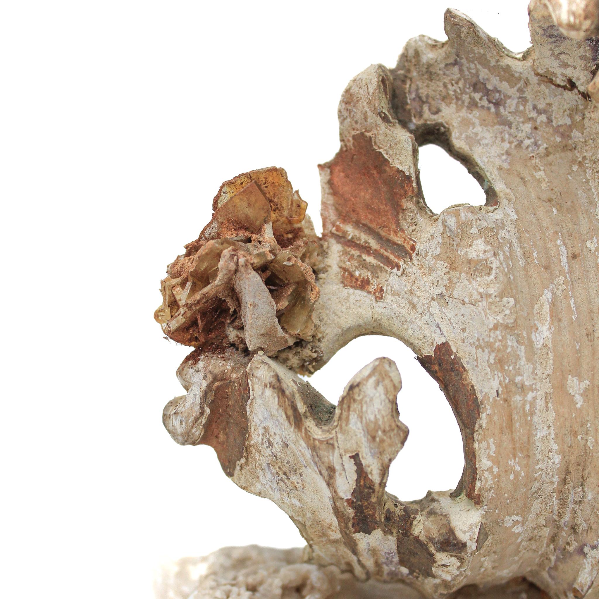 Hand-Carved 17th Century 'Florence Fragment' with Wulfenite on a Fishtail Selenite Base For Sale