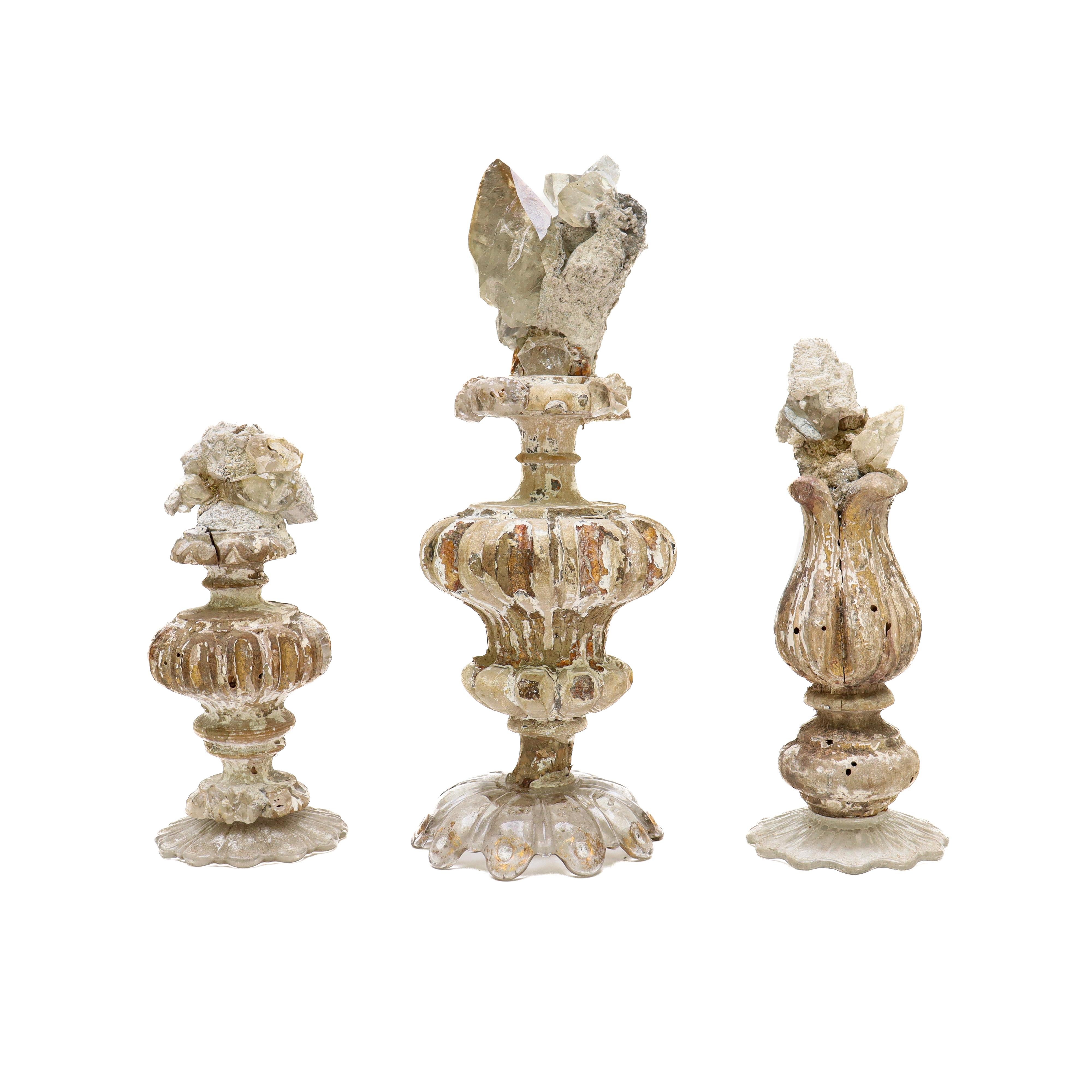 17th Century Italian fragments 'group of three' with a calcite crystals in matrix mounted on Italian glass bobeche bases. 

These fragments are from a church in Florence. They were found and saved from the historic flooding of the Arno River in