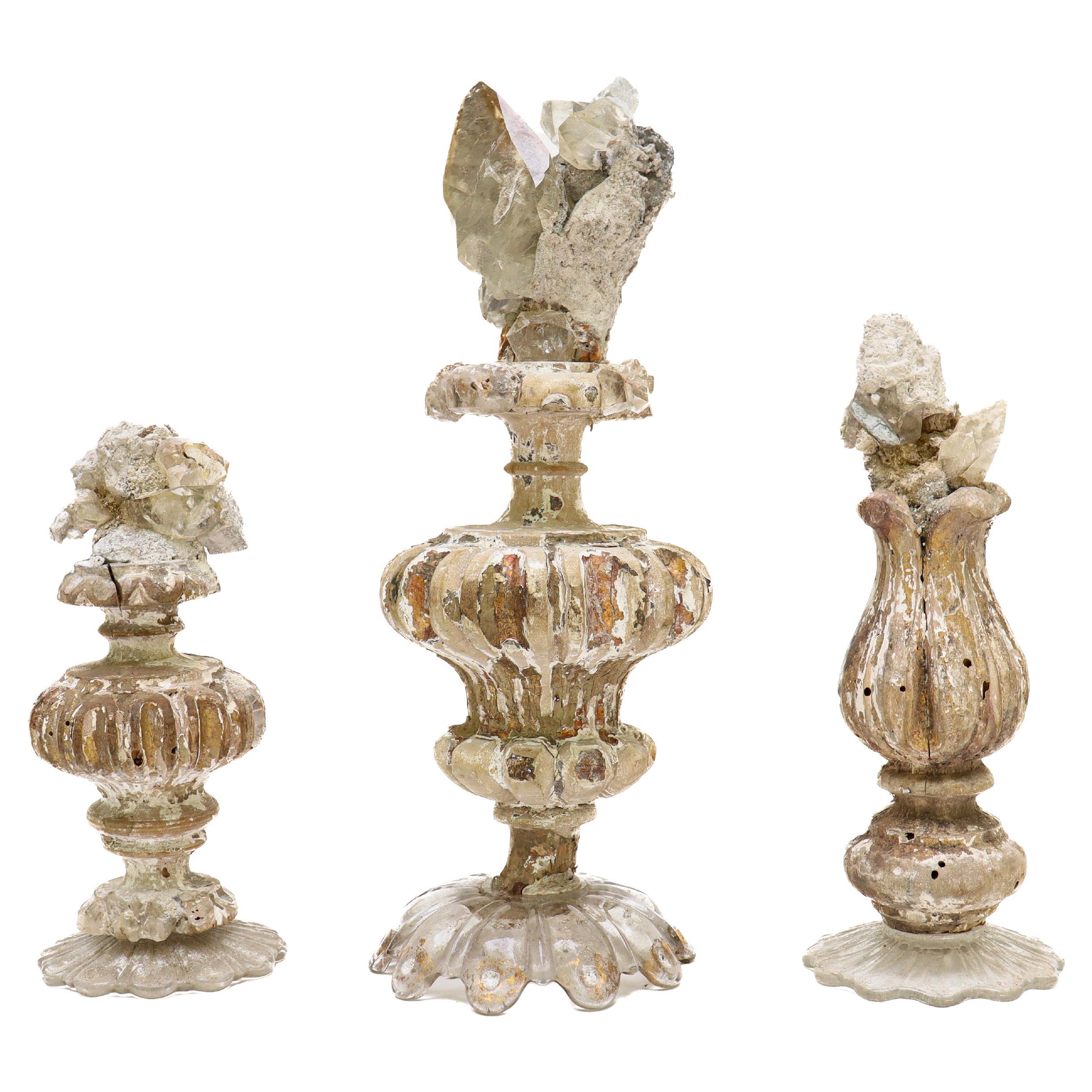 17th Century Italian Fragments 'Group of Three' with Calcite Crystals on Bobeche