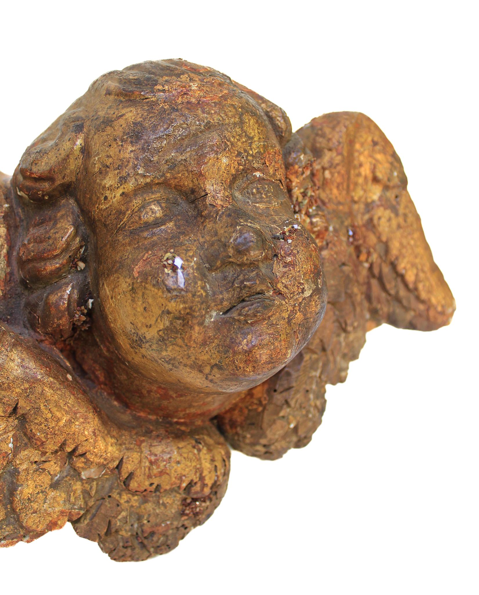 Hand-Carved 17th Century Italian Gilded Angel Head with Vanadinite on a Metal Stand