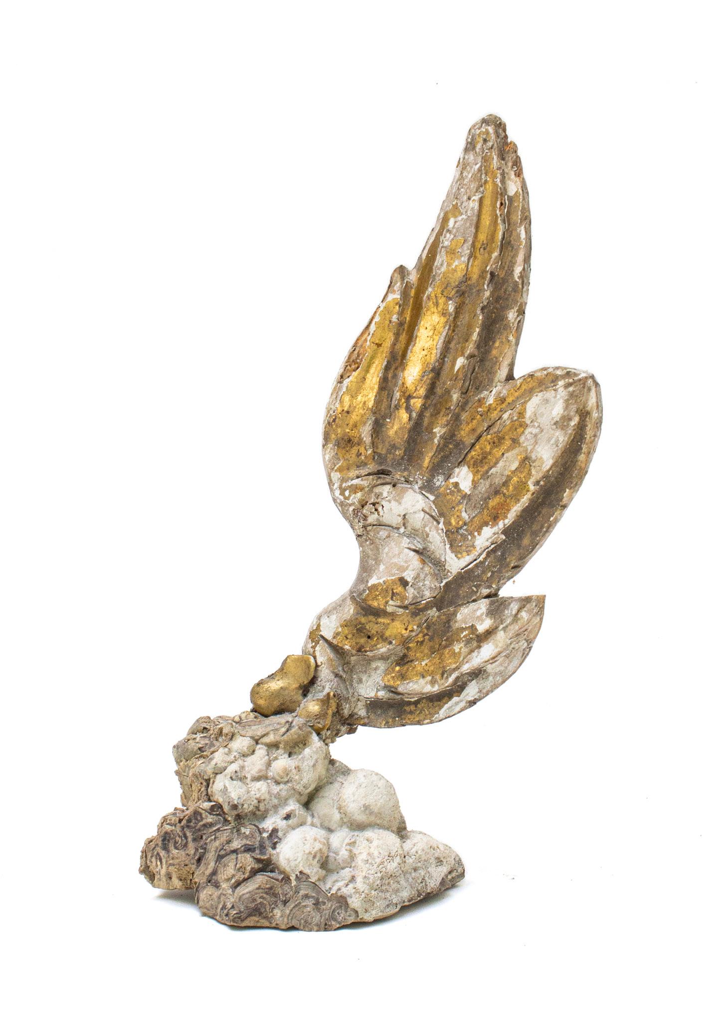 Rococo 17th Century Italian Gilded Angel Wing with Baroque Pearl on Aragonite For Sale