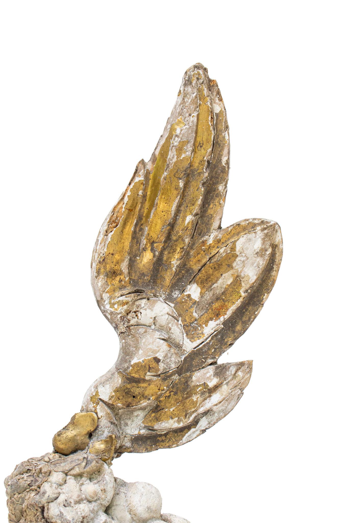 Hand-Carved 17th Century Italian Gilded Angel Wing with Baroque Pearl on Aragonite For Sale