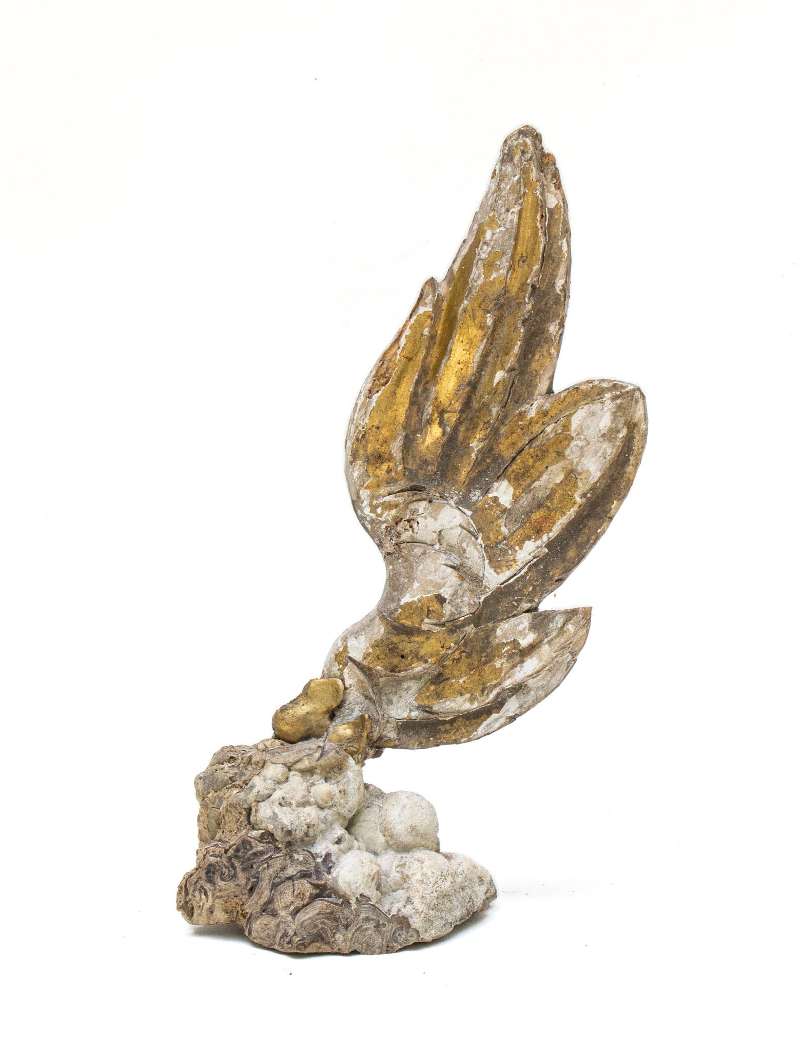 Rock Crystal 17th Century Italian Gilded Angel Wing with Baroque Pearl on Aragonite For Sale