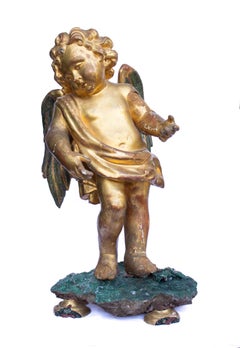 Ange italien du XVIIe siècle, doré, orné de malachite et de cristaux de quartz fantôme rouge