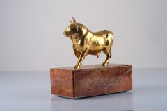 17th Century Italian Gilded Standing Bull Bronze Sculpture on a Marble Plinth