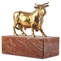 17th Century Italian Gilded Standing Bull Bronze Sculpture on a Marble Plinth