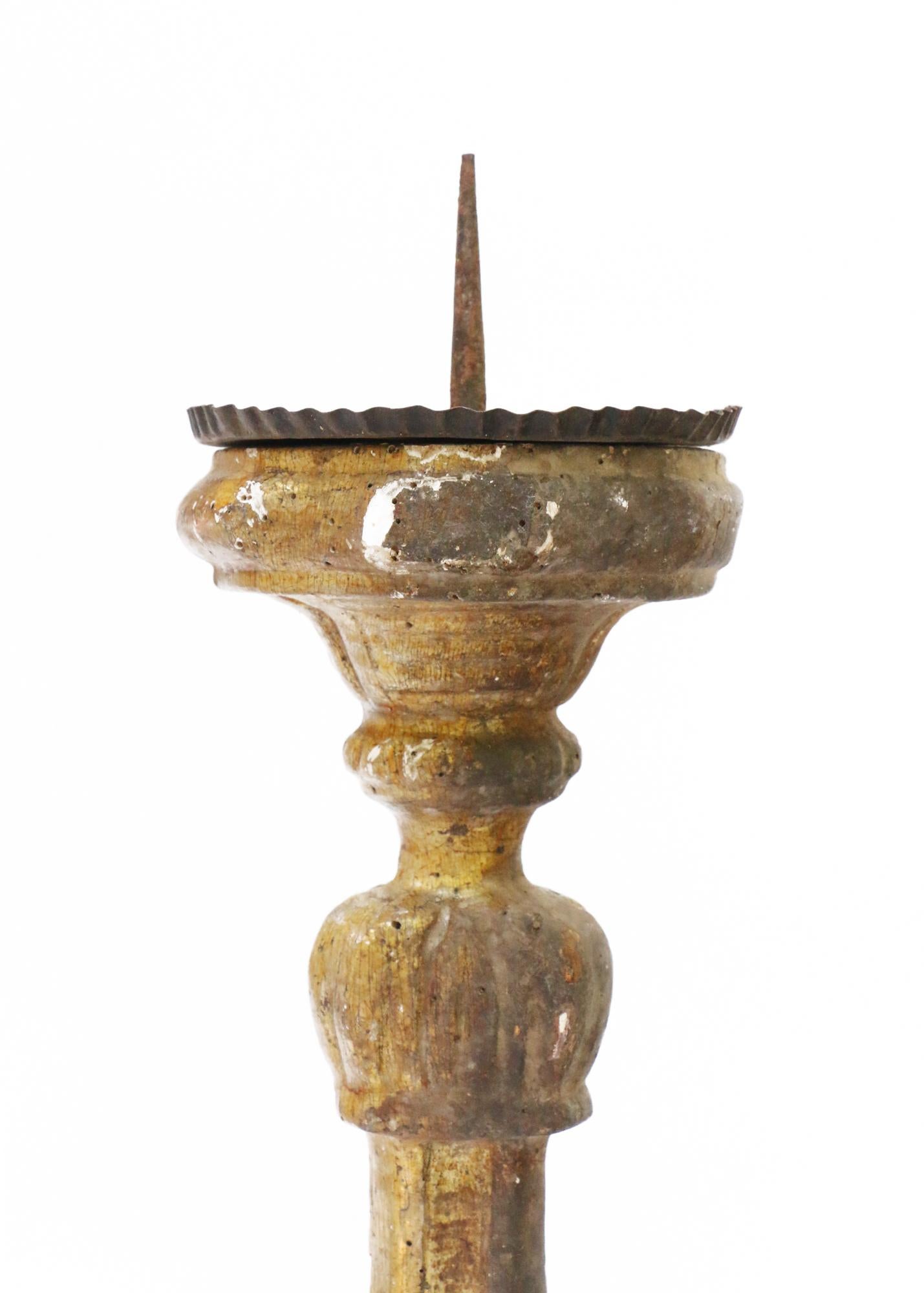 Baroque 17th Century Italian Gilt Candlestick with Chalcopyrite and Gold-Plated Quartz For Sale