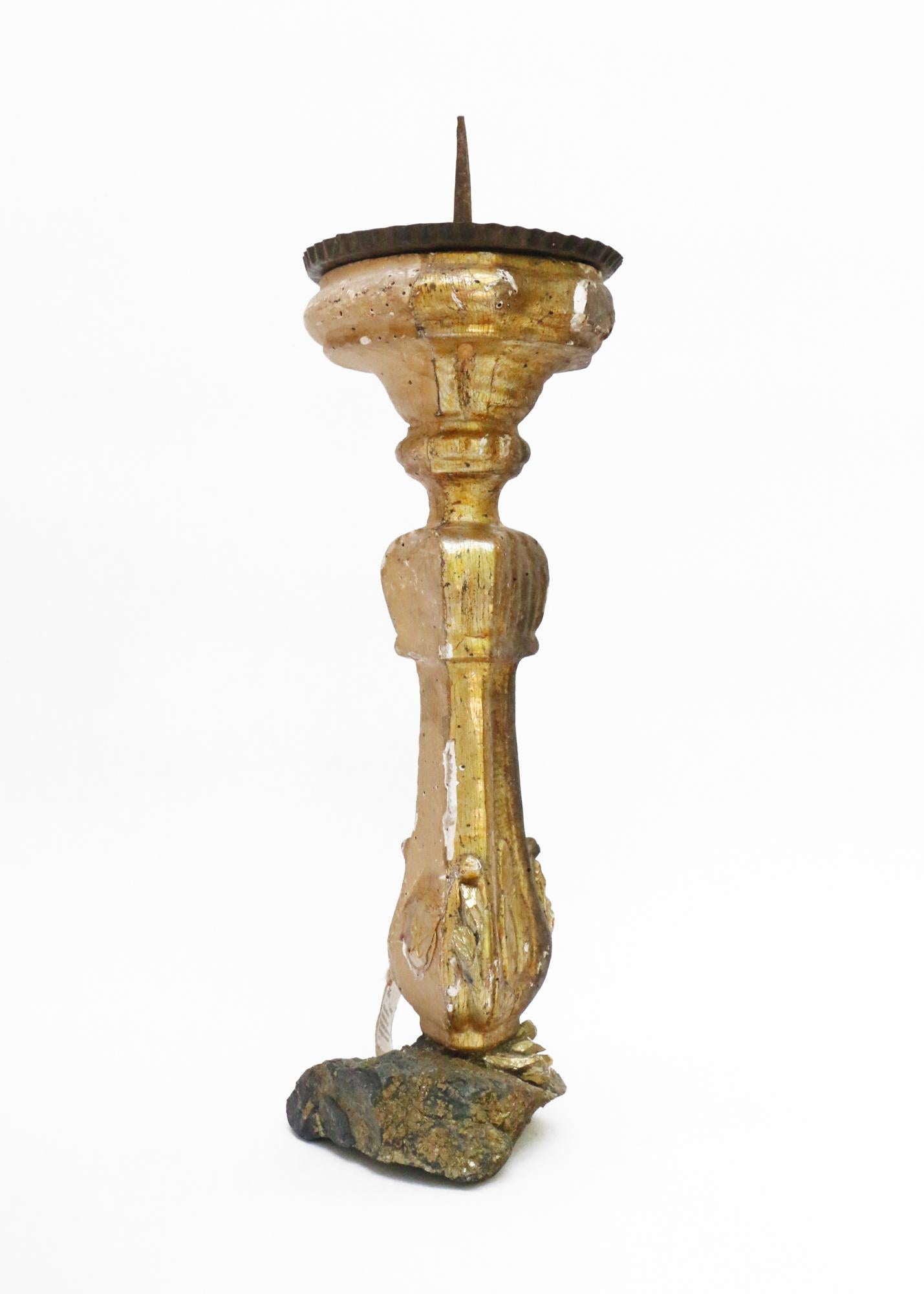 17th Century Italian Gilt Candlestick with Chalcopyrite and Gold-Plated Quartz In Distressed Condition For Sale In Dublin, Dalkey