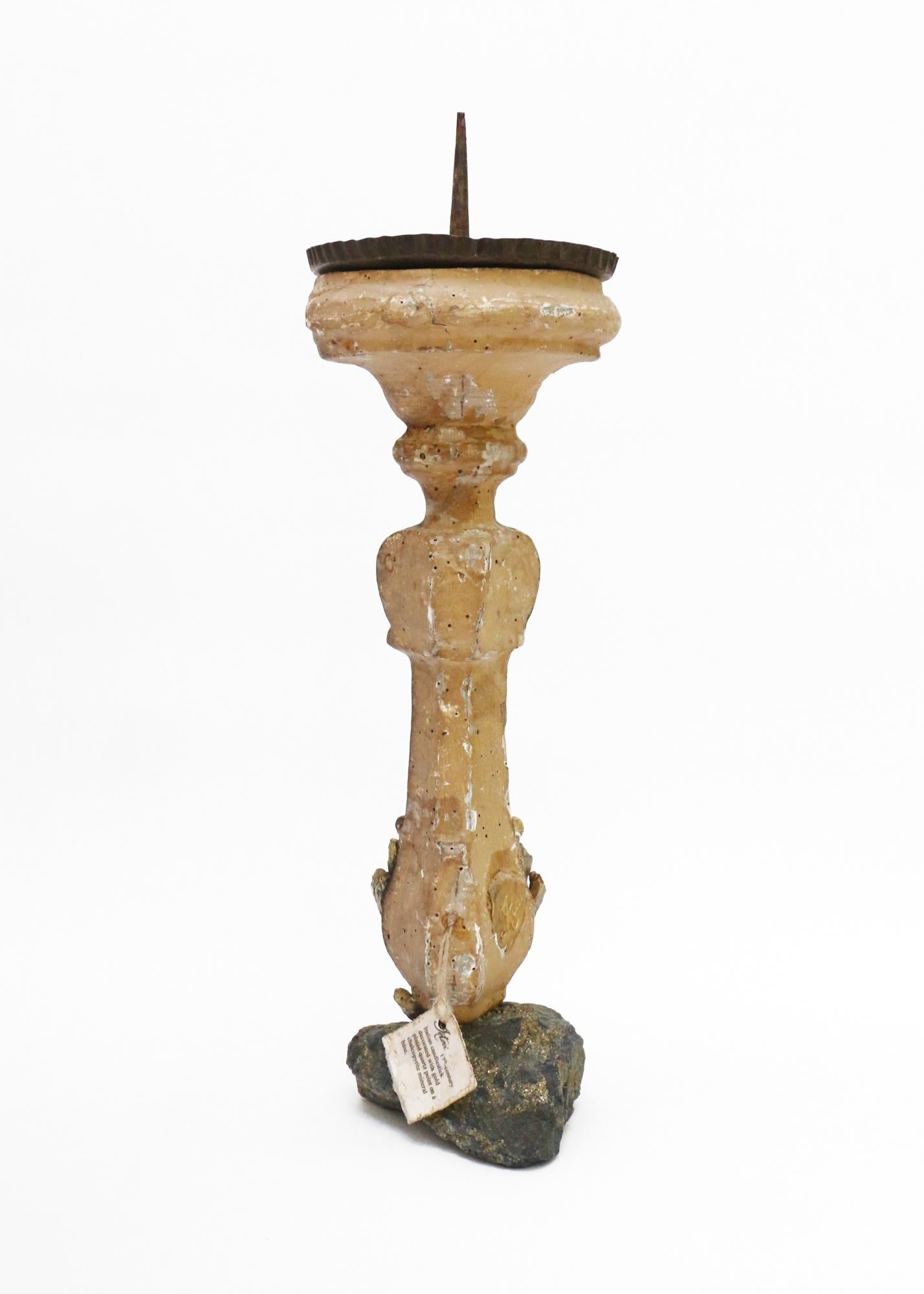 18th Century and Earlier 17th Century Italian Gilt Candlestick with Chalcopyrite and Gold-Plated Quartz For Sale
