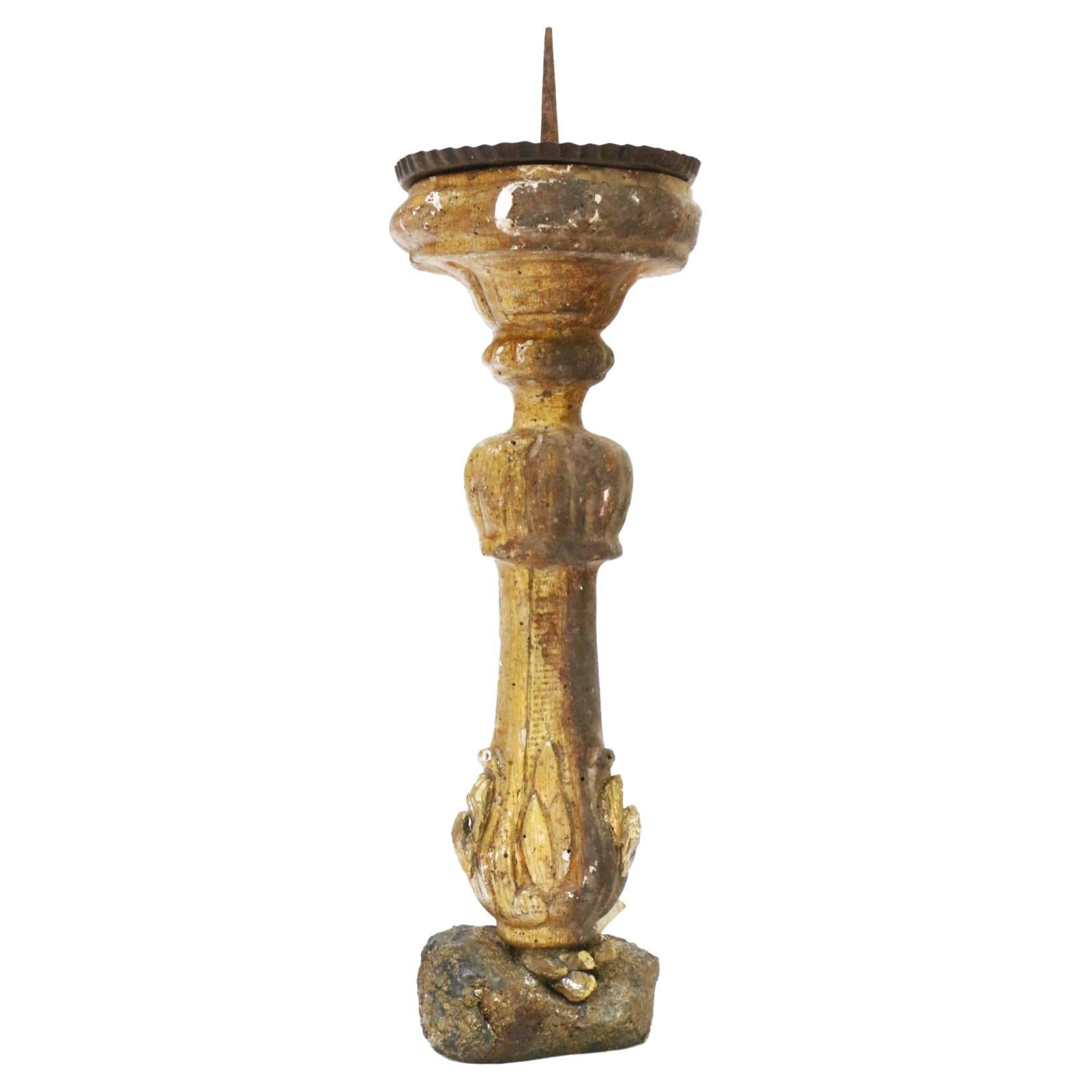 17th Century Italian Gilt Candlestick with Chalcopyrite and Gold-Plated Quartz For Sale