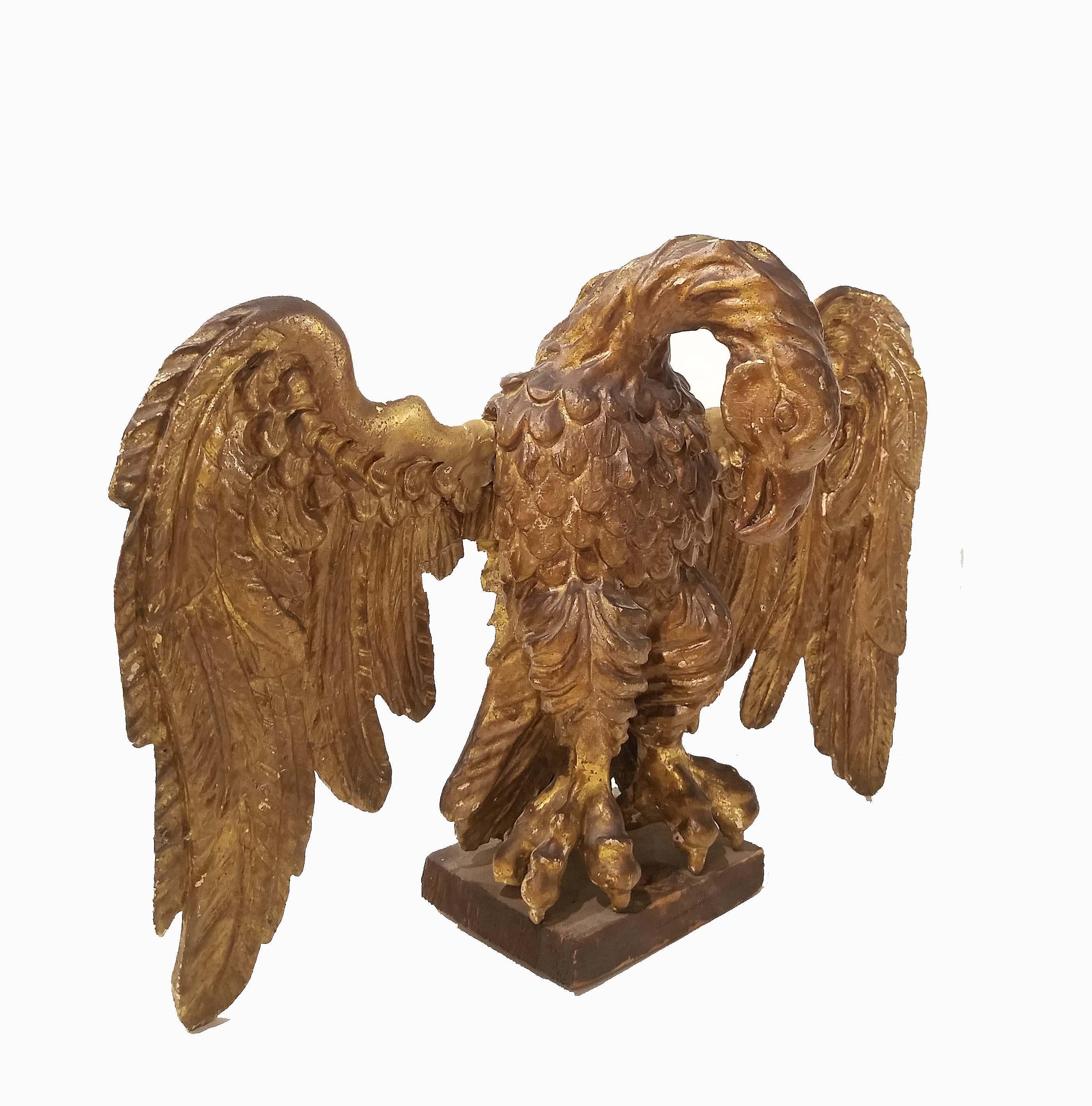 A wonderful carved wood, and gilded figure of an eagle circa mid-1600s.
Great quality carving and original gilding.