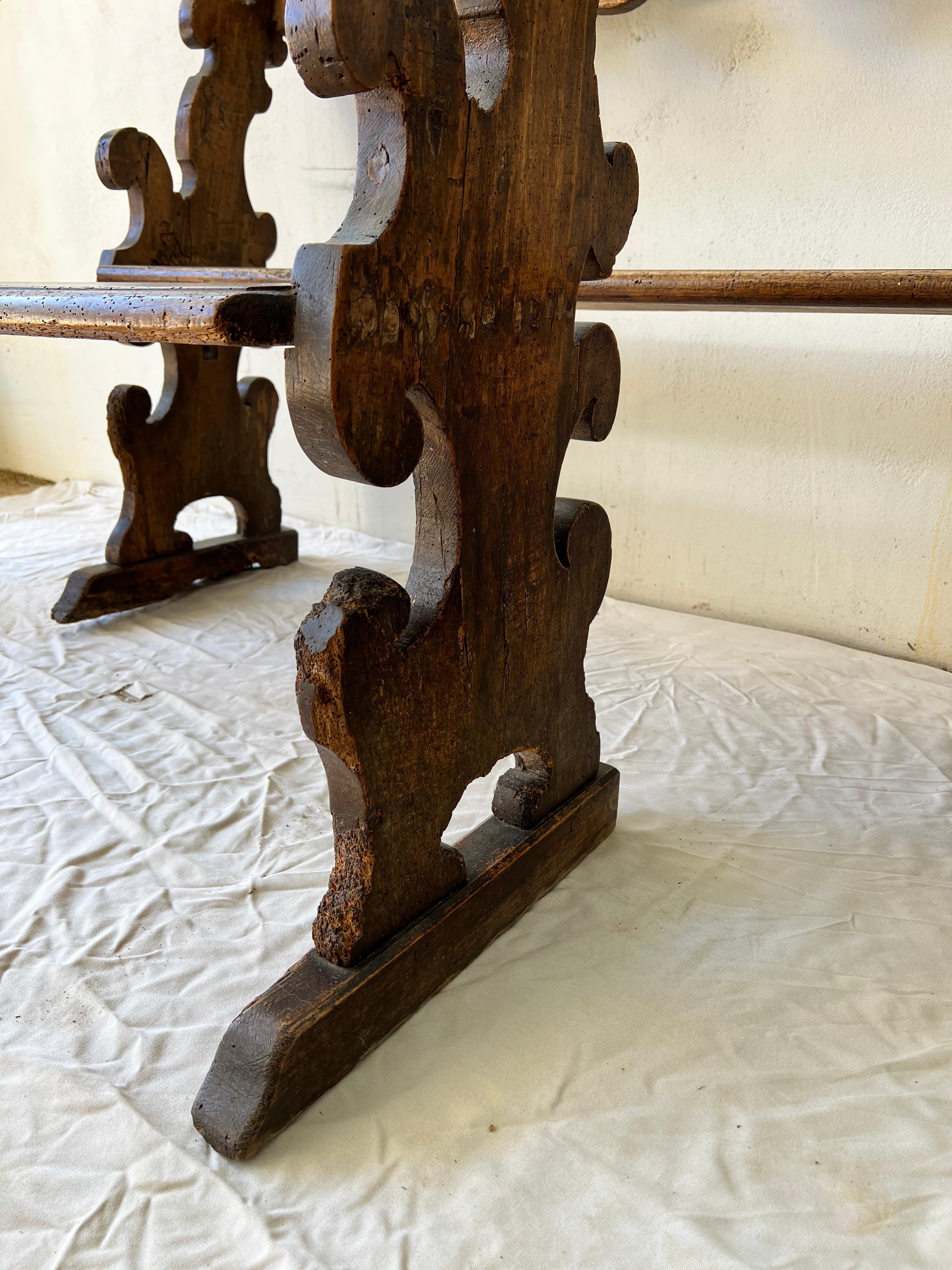 Fruitwood 17th century Italian hall benches or pews For Sale