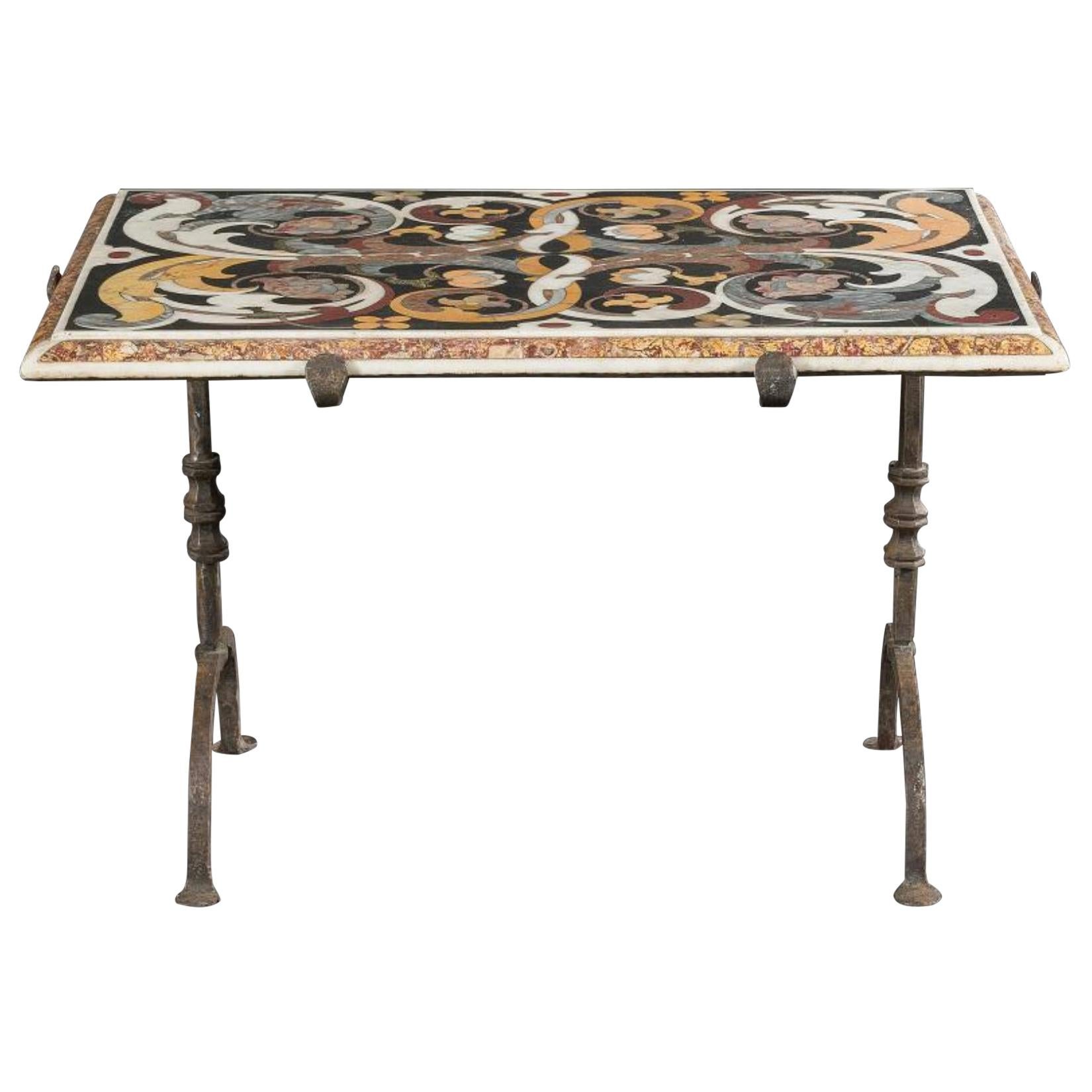 17th Century Italian Handmade Wrought Iron Table Frame with Inlaid Marble Top For Sale