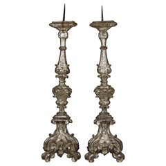 17th Century Italian Large Pair of Carved Silvered Wood Church Candelabras