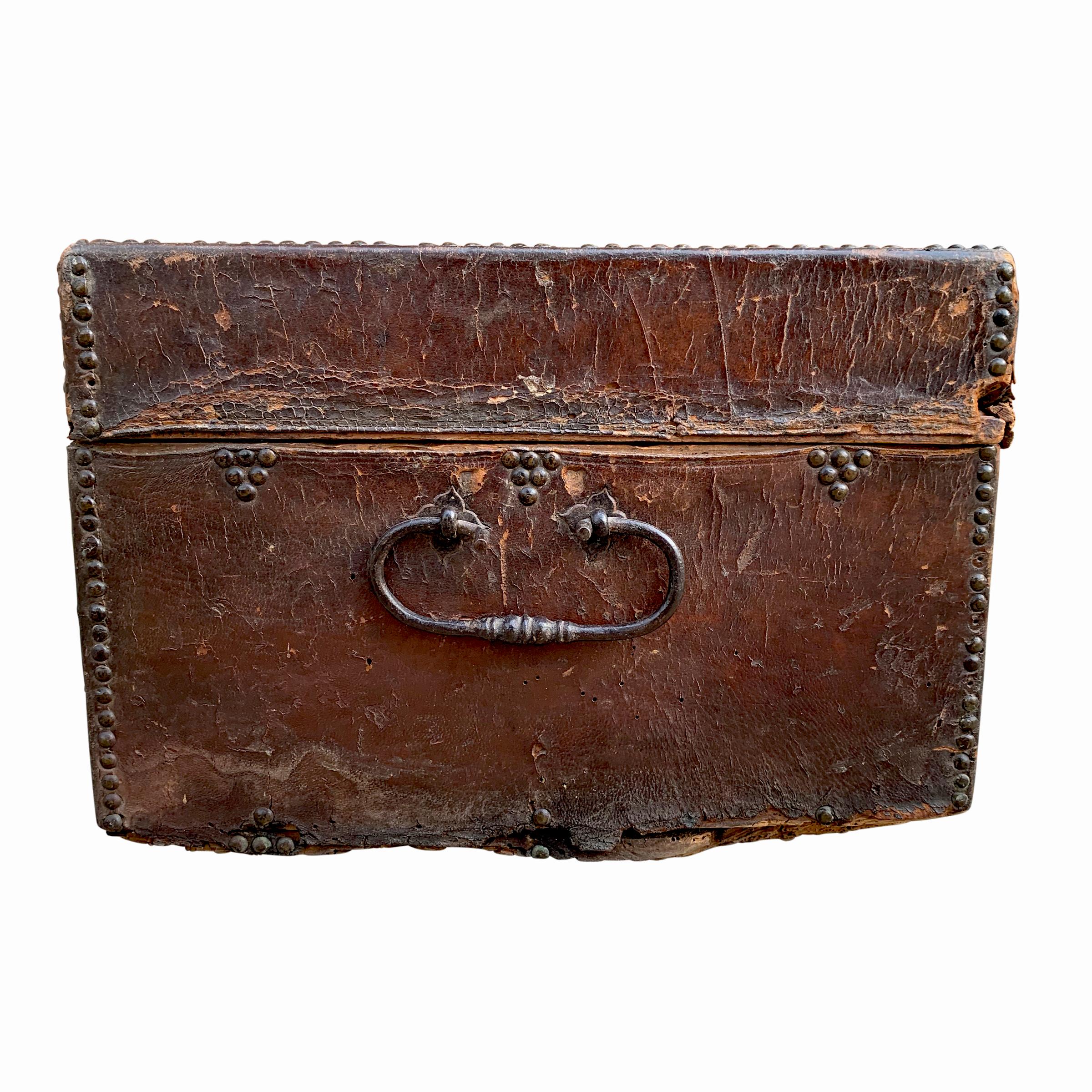 17th Century Italian Leather Lock Box In Fair Condition In Chicago, IL