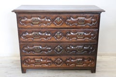 17th Century Italian Louis XIV Carved Walnut Antique Commode or Chest of Drawers