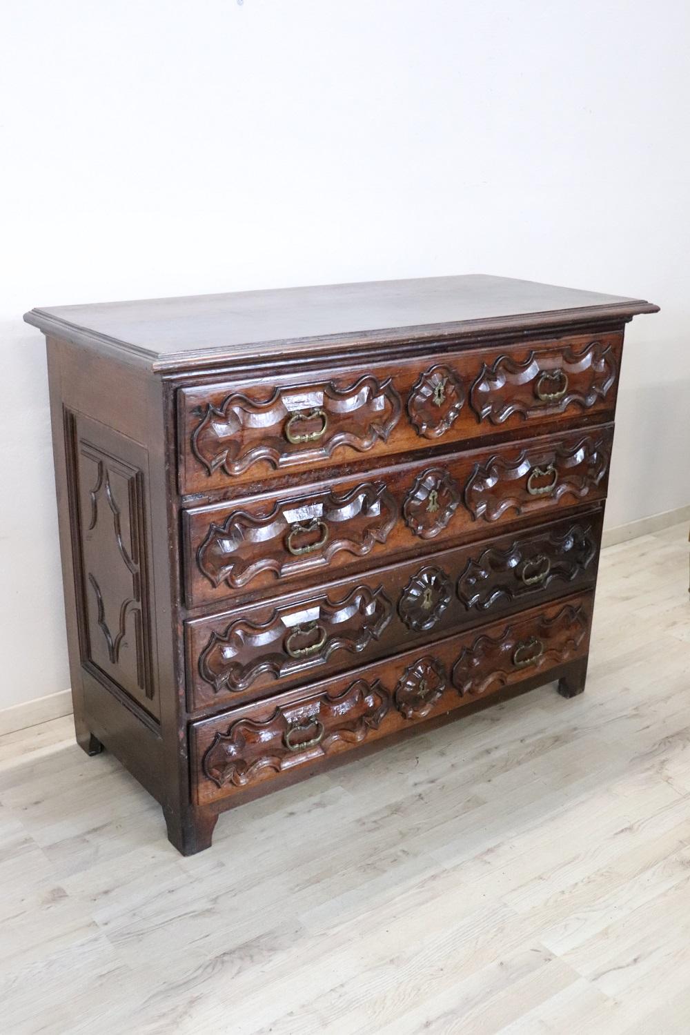 Hand-Carved 17th Century Italian Louis XIV Carved Walnut Antique Commode or Chest of Drawers For Sale