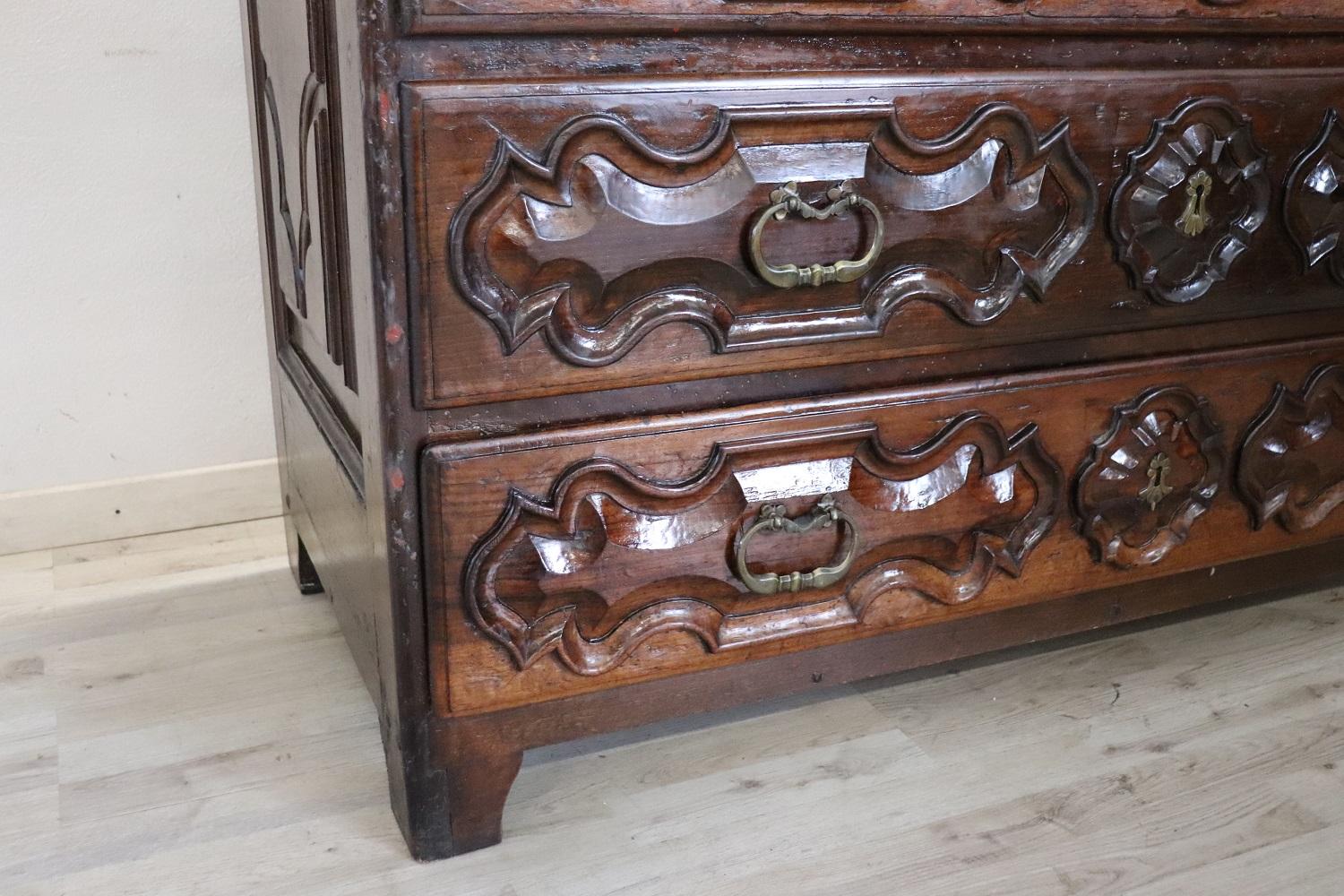 Late 17th Century 17th Century Italian Louis XIV Carved Walnut Antique Commode or Chest of Drawers For Sale