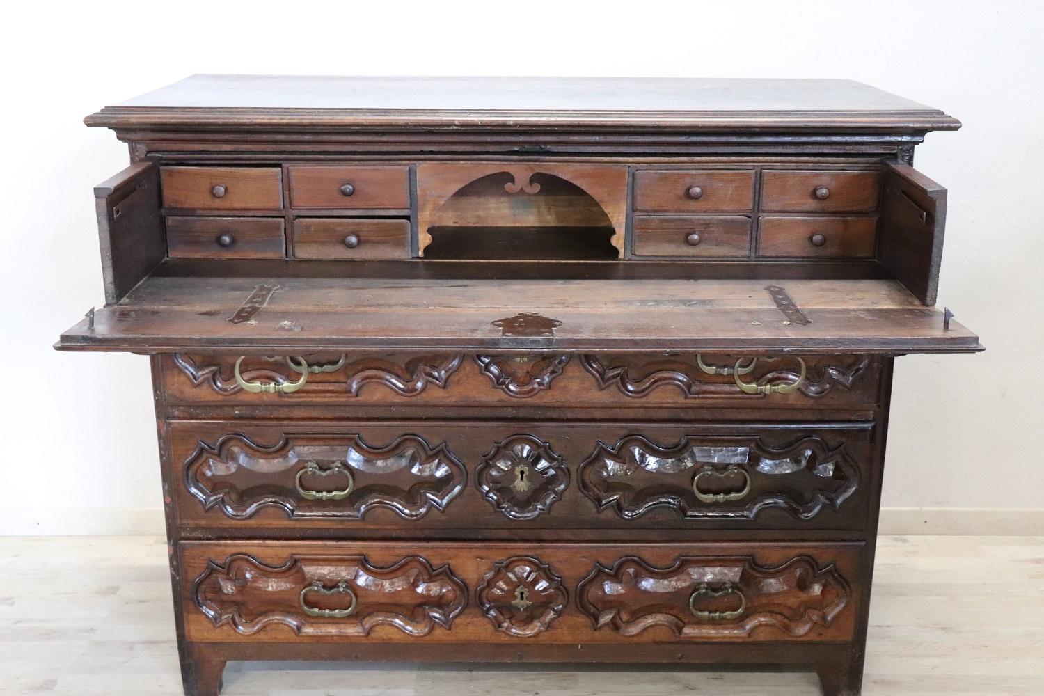 17th Century Italian Louis XIV Carved Walnut Antique Commode or Chest of Drawers For Sale 4