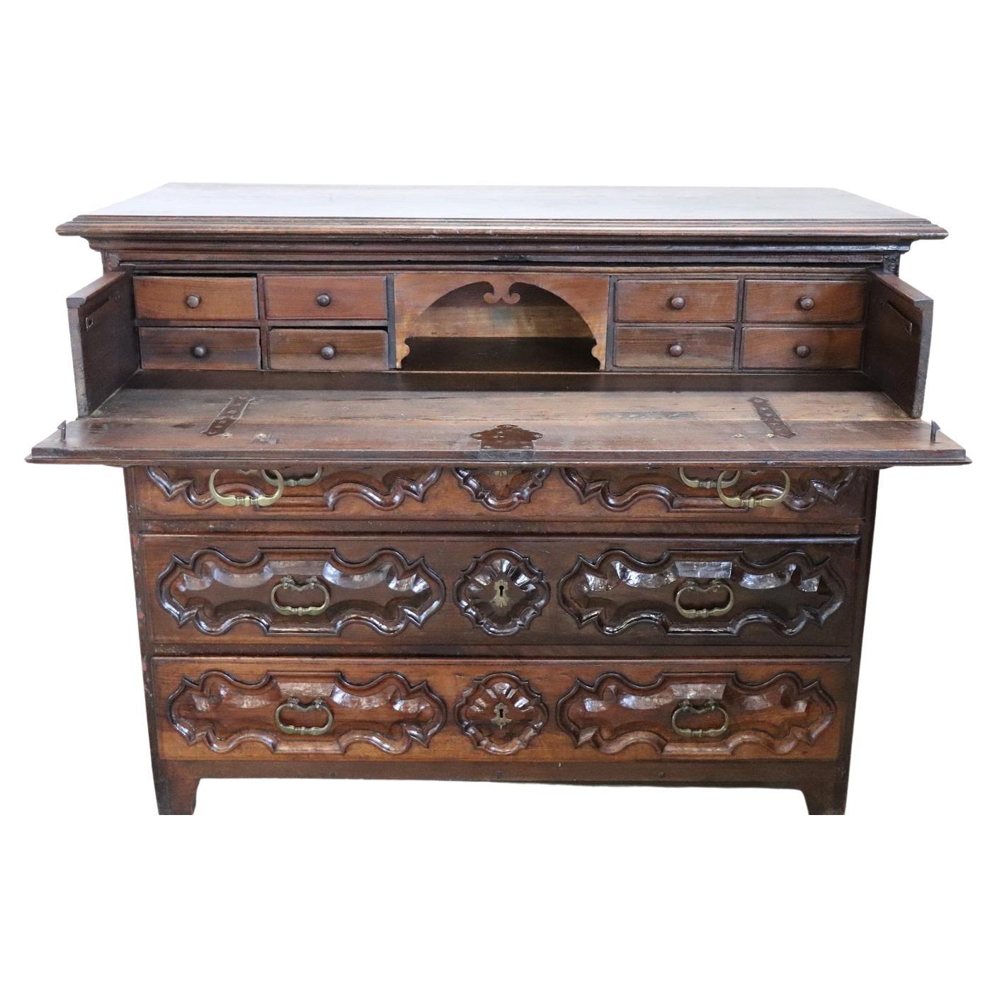 17th Century Italian Louis XIV Carved Walnut Antique Commode or Chest of Drawers For Sale