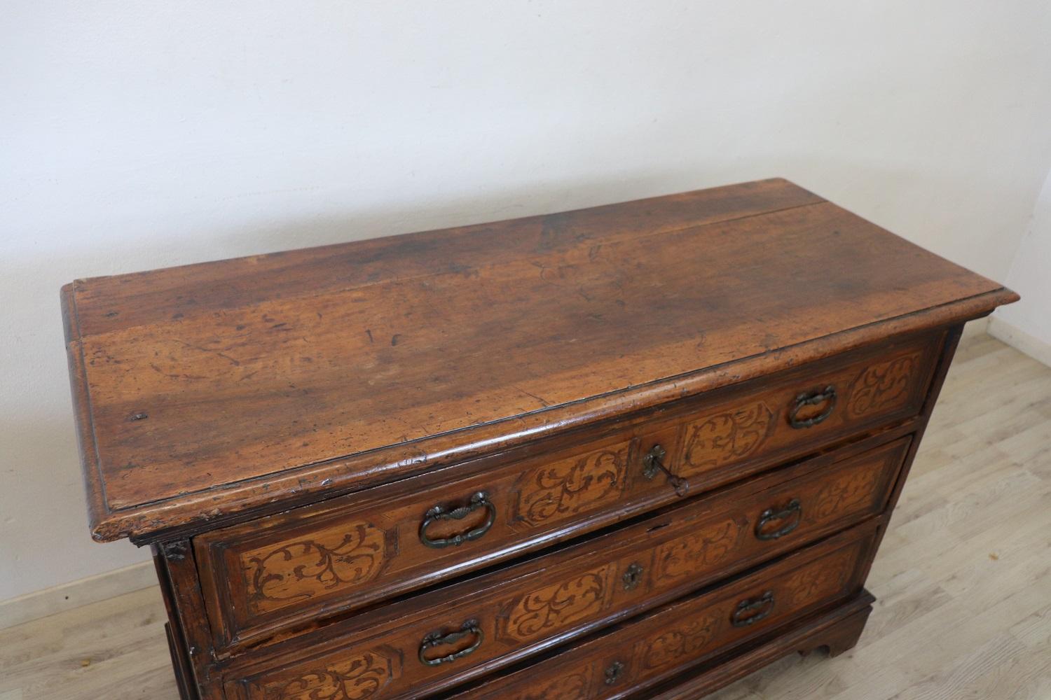 Inlay 17th Century Italian Louis XIV Inlaid Walnut Antique Commode or Chest of Drawers