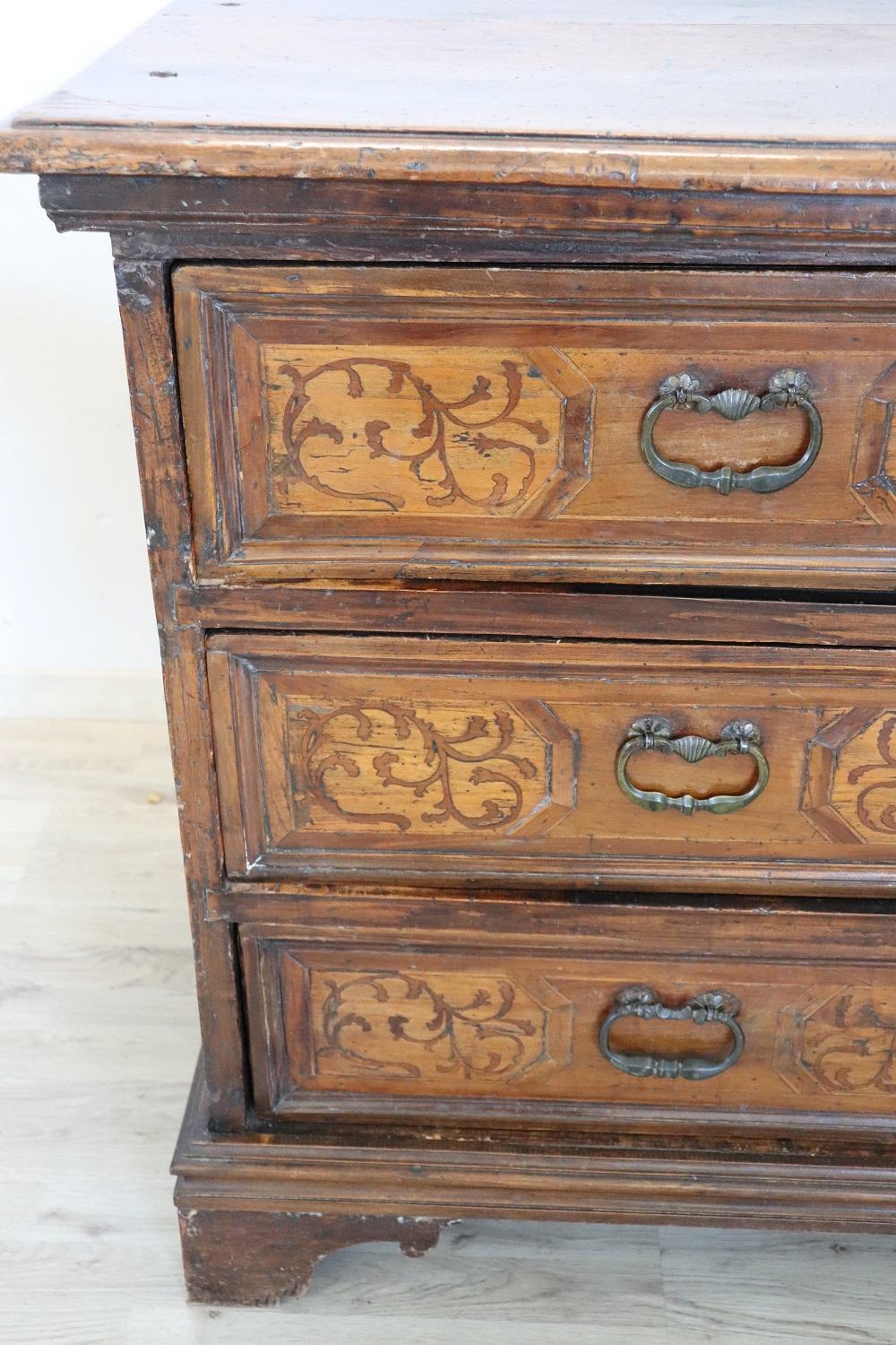 Late 17th Century 17th Century Italian Louis XIV Inlaid Walnut Antique Commode or Chest of Drawers