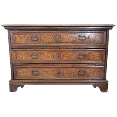 17th Century Italian Louis XIV Inlaid Walnut Antique Commode or Chest of Drawers