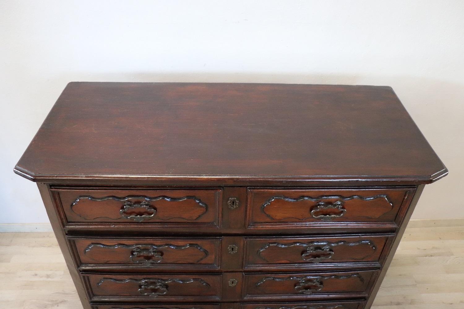 Hand-Carved 17th Century Italian Louis XIV Walnut Antique Commode or Chest of Drawers For Sale