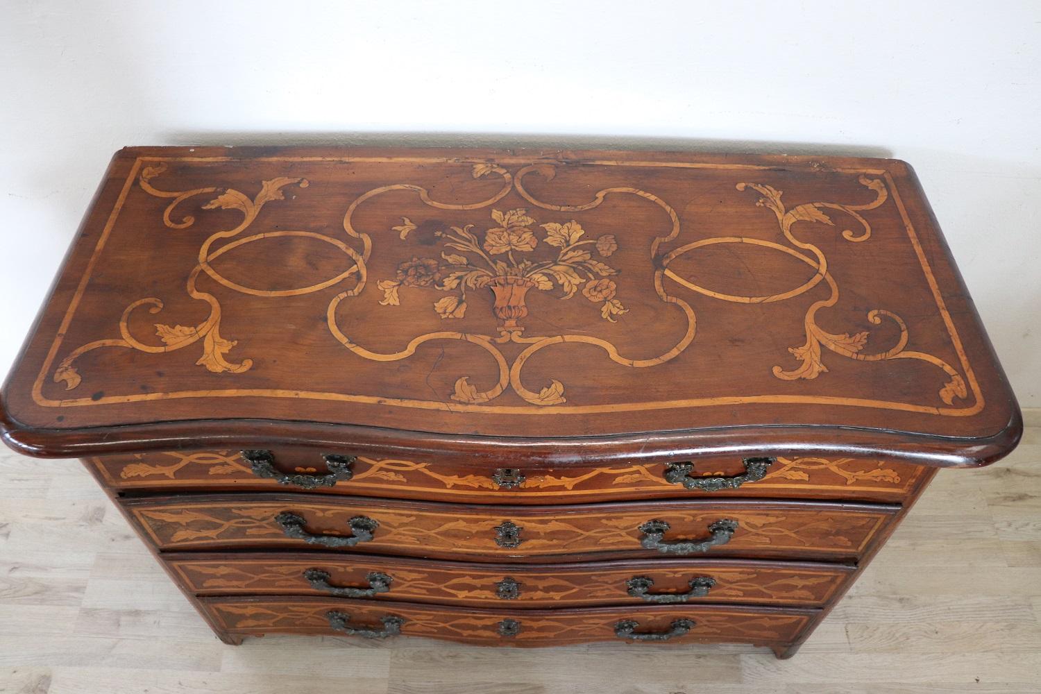 Inlay 17th Century Italian Louis XIV Walnut Inlaid Antique Commode or Chest of Drawers For Sale