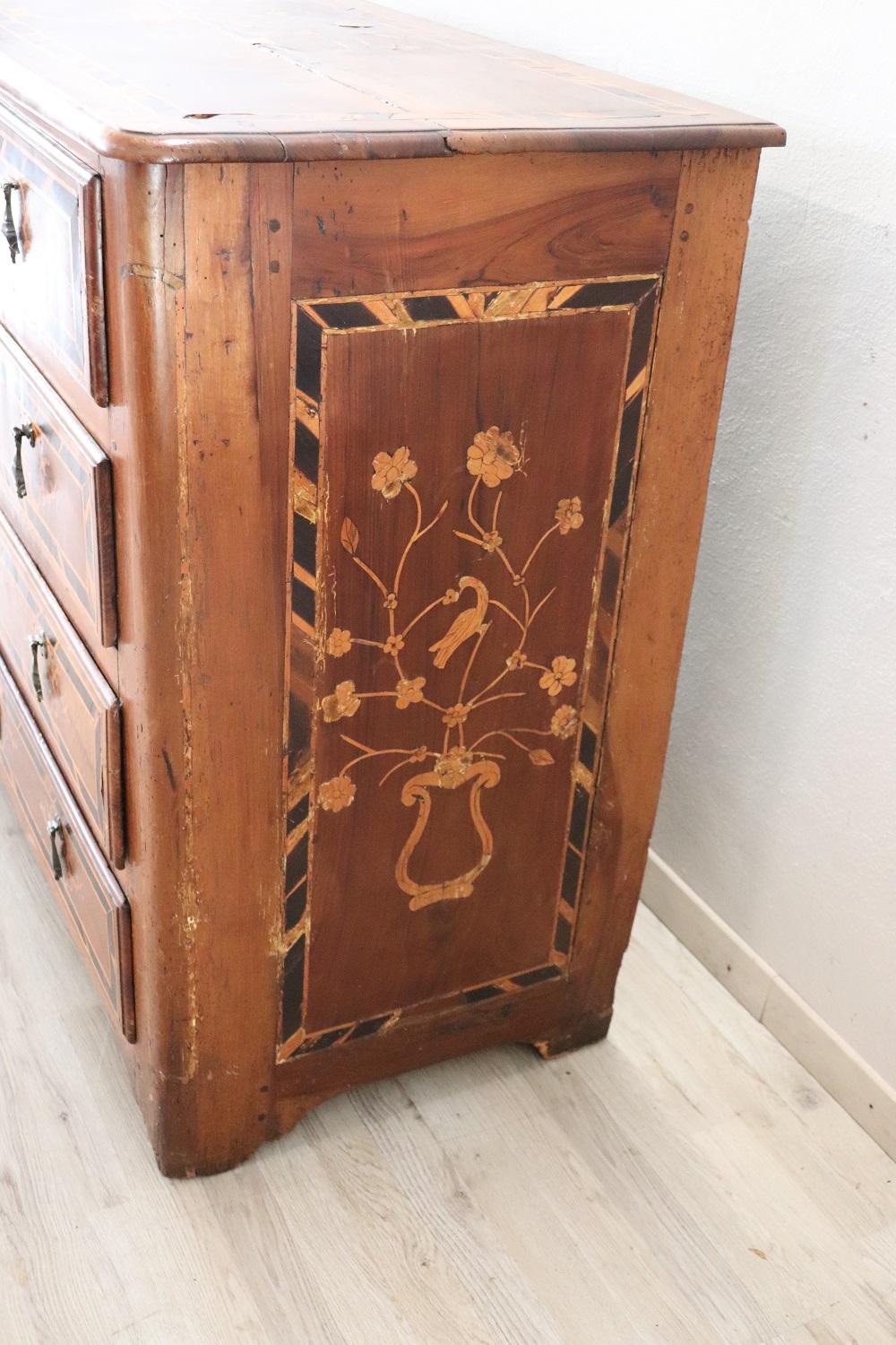Late 17th Century 17th Century Italian Louis XIV Walnut Inlaid Antique Commode or Chest of Drawers For Sale