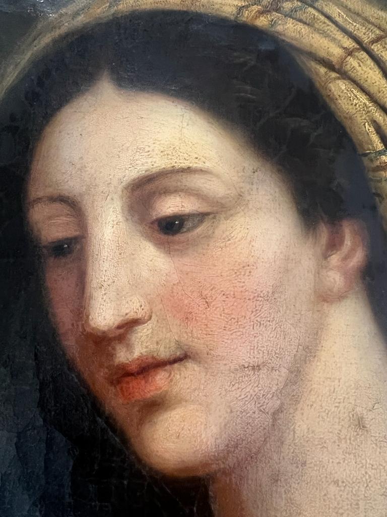 Magnificent Italian 17th century Portrait of Virgin Mary measures 52 x 68 cm without the frame. 
The colors are stunning and the painting has never been restored. The Master unfortunately was not discovered yet but the painting most likely could be