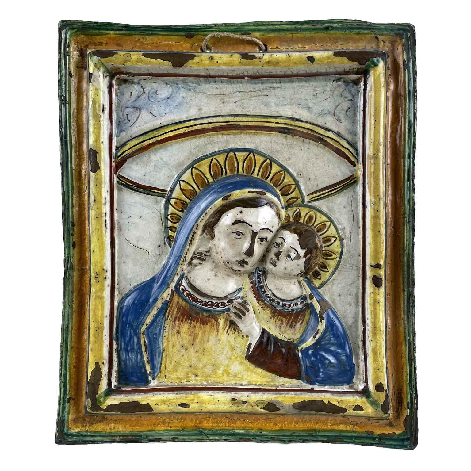 Renaissance 17th Century Italian Faience Madonna with Child Relief Wall Plaque For Sale