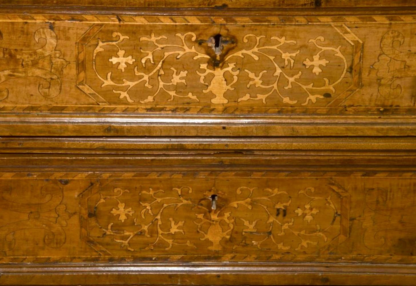 Baroque 17th Century Italian Marquetry Inlaid Four Drawer Chest For Sale