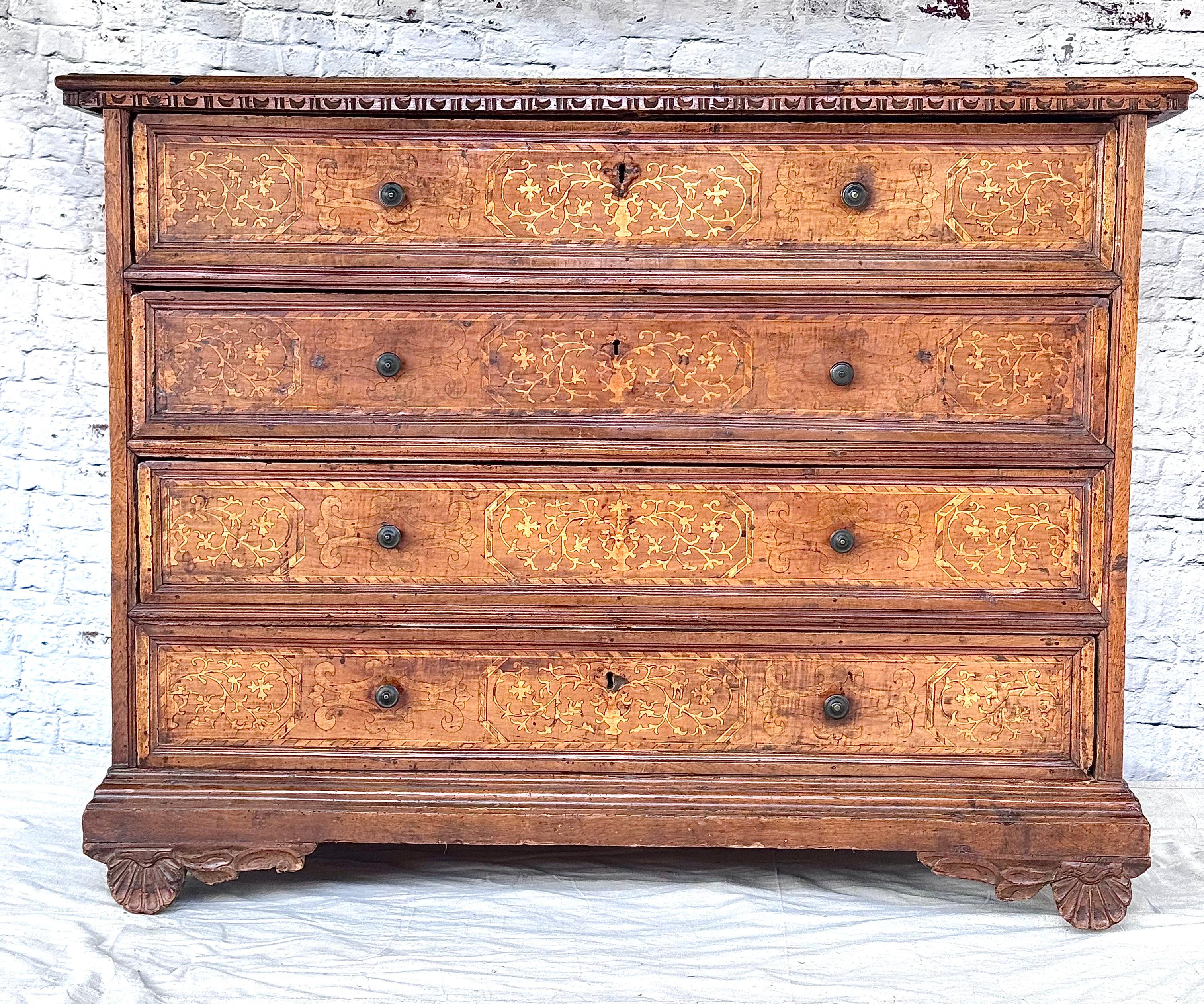 18th Century and Earlier 17th Century Italian Marquetry Inlaid Four Drawer Chest For Sale