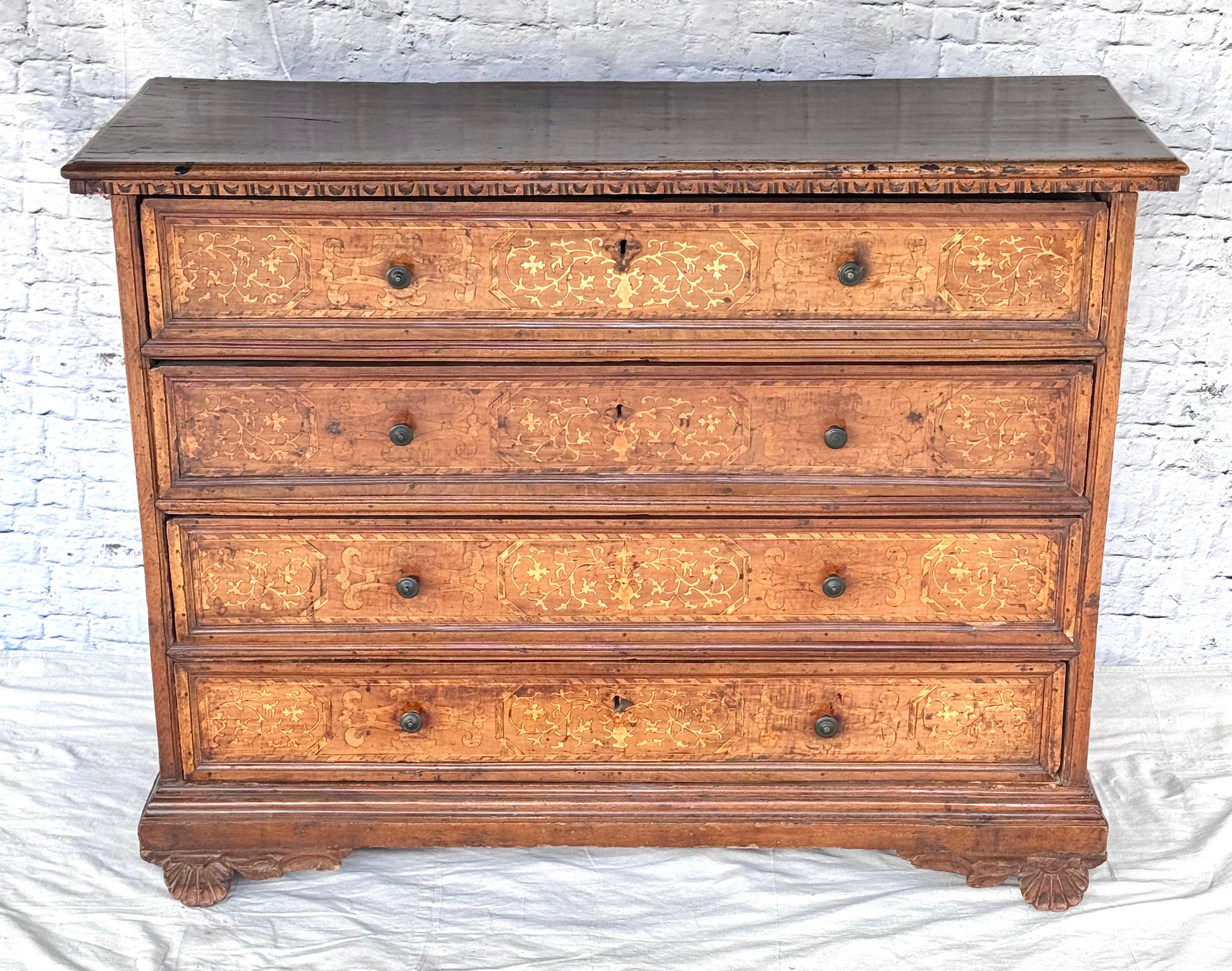 17th Century Italian Marquetry Inlaid Four Drawer Chest For Sale 1