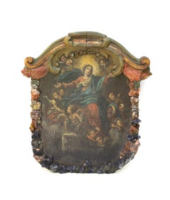 17th Century Italian 'Mary and Angels' Painting Framed with Gems and Minerals