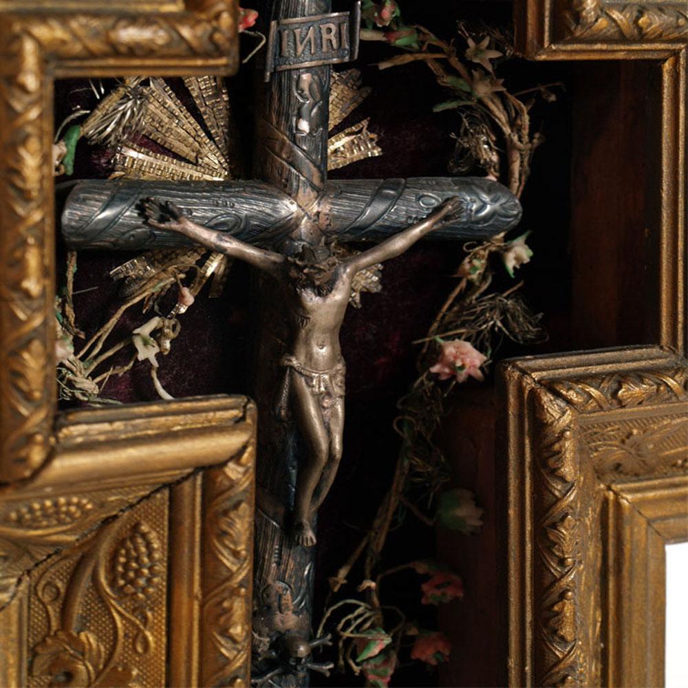 Very rare and precious 1600s Italian massive silver crucifix in bulletin board golden wood frame
Measures cm: H 40, W 26, D 6

About:
On an iconographic level, at least one detail must be observed: a skull with two crossed crossbones appears