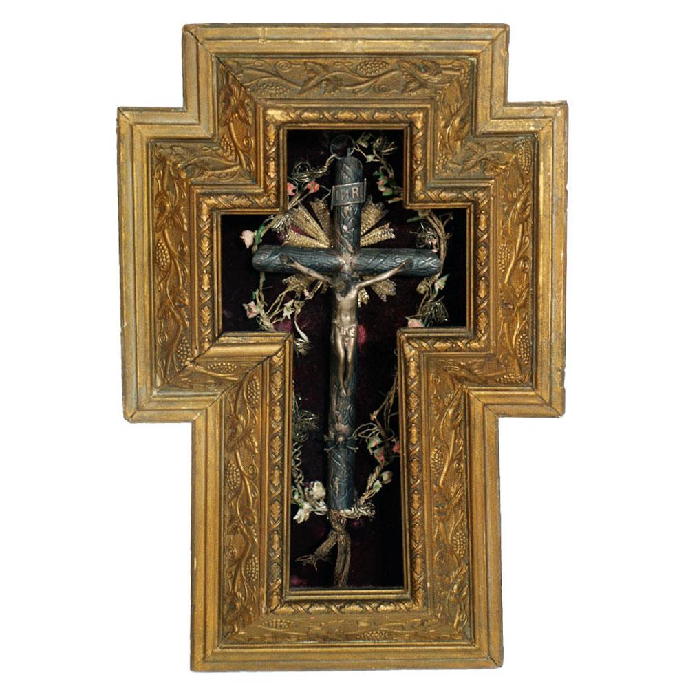 17th Century Italian Massive Silver Crucifix with Golden Wood Frame, circa 1900s