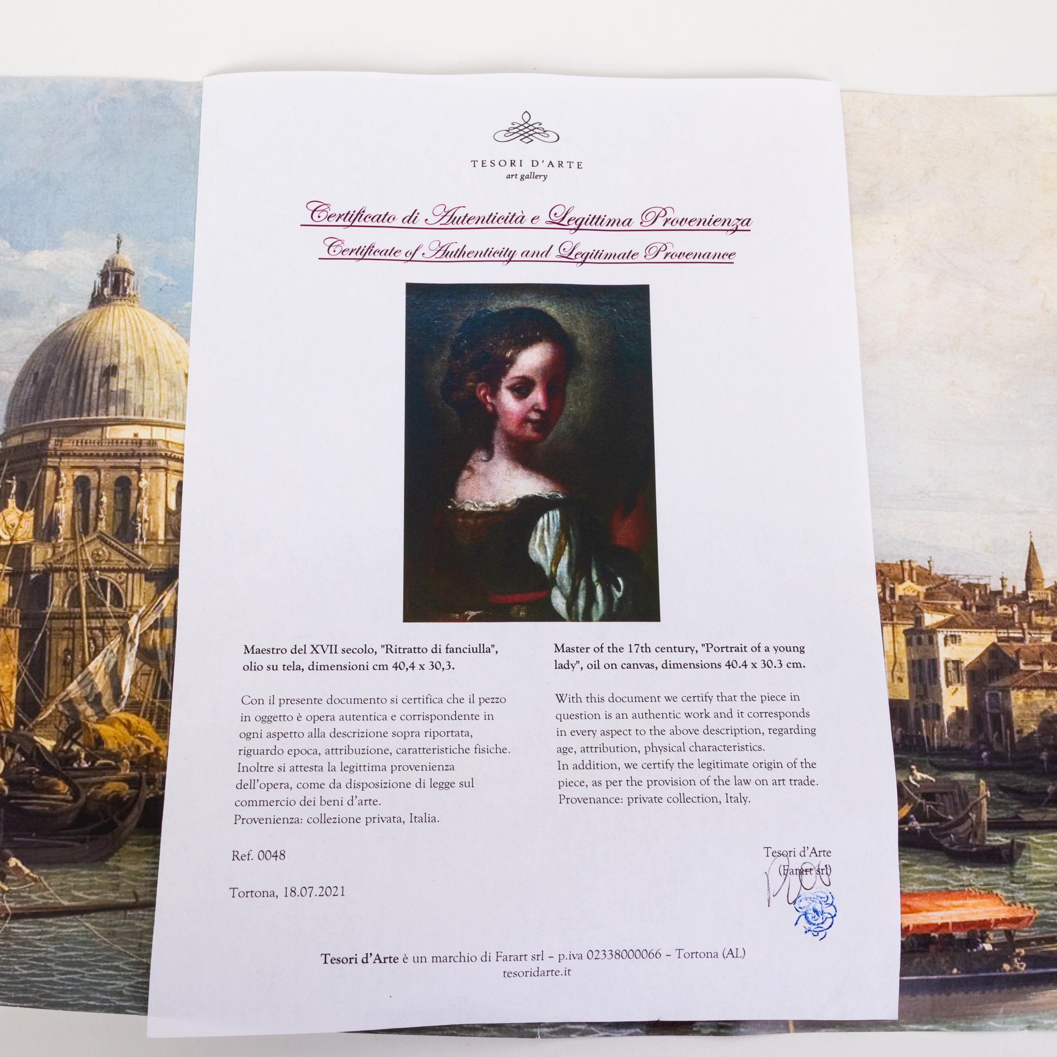 Pintura al óleo de viejo maestro napolitano italiano del siglo XVII Retrato de una joven dama en venta 1