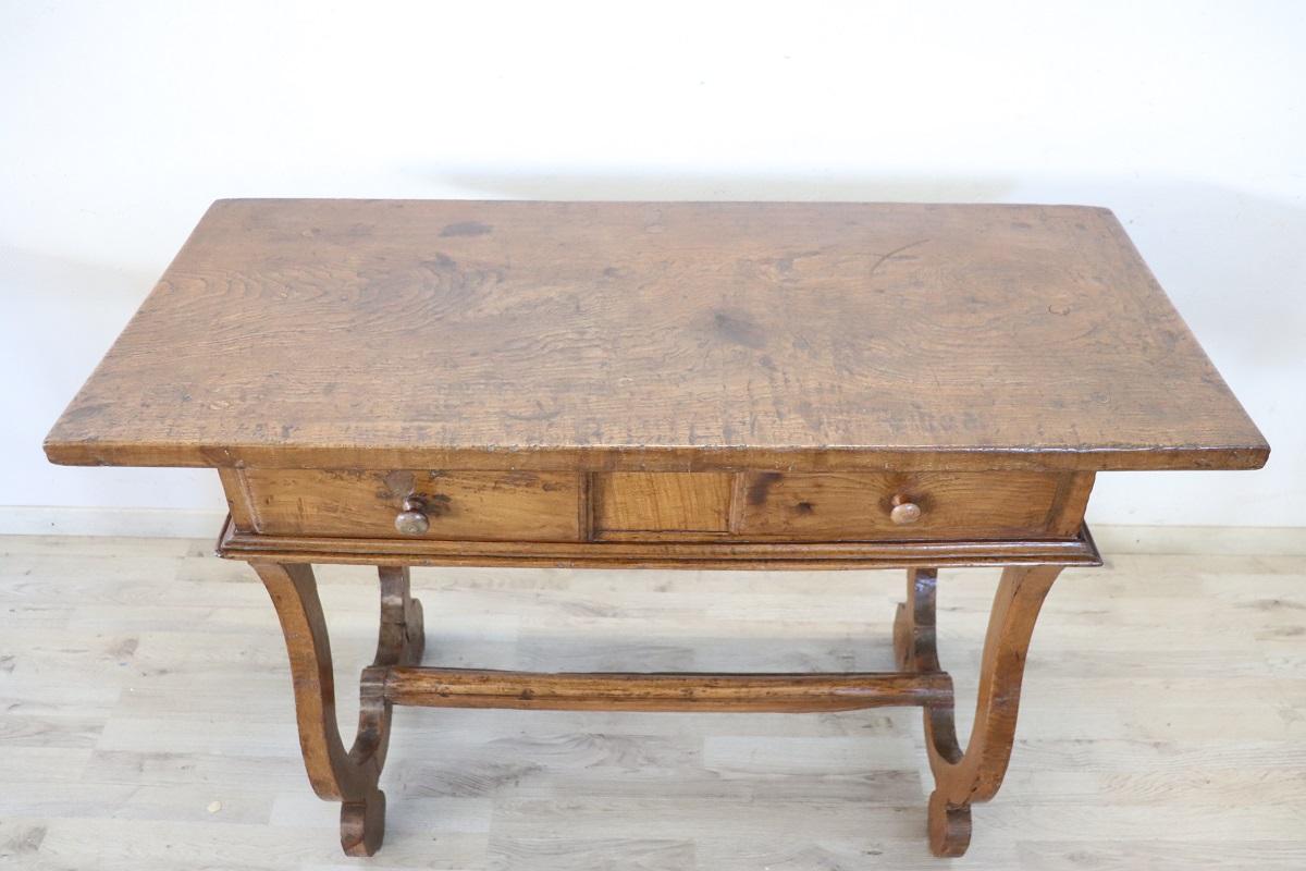 Louis XIV 17th Century Italian Oak Wood Antique Fratino Table or Desk with Lyre Legs For Sale