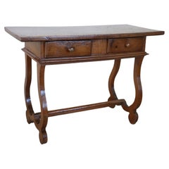 Tavolo o scrivania antica in legno di Oak Wood del XVII secolo con gambe a lira