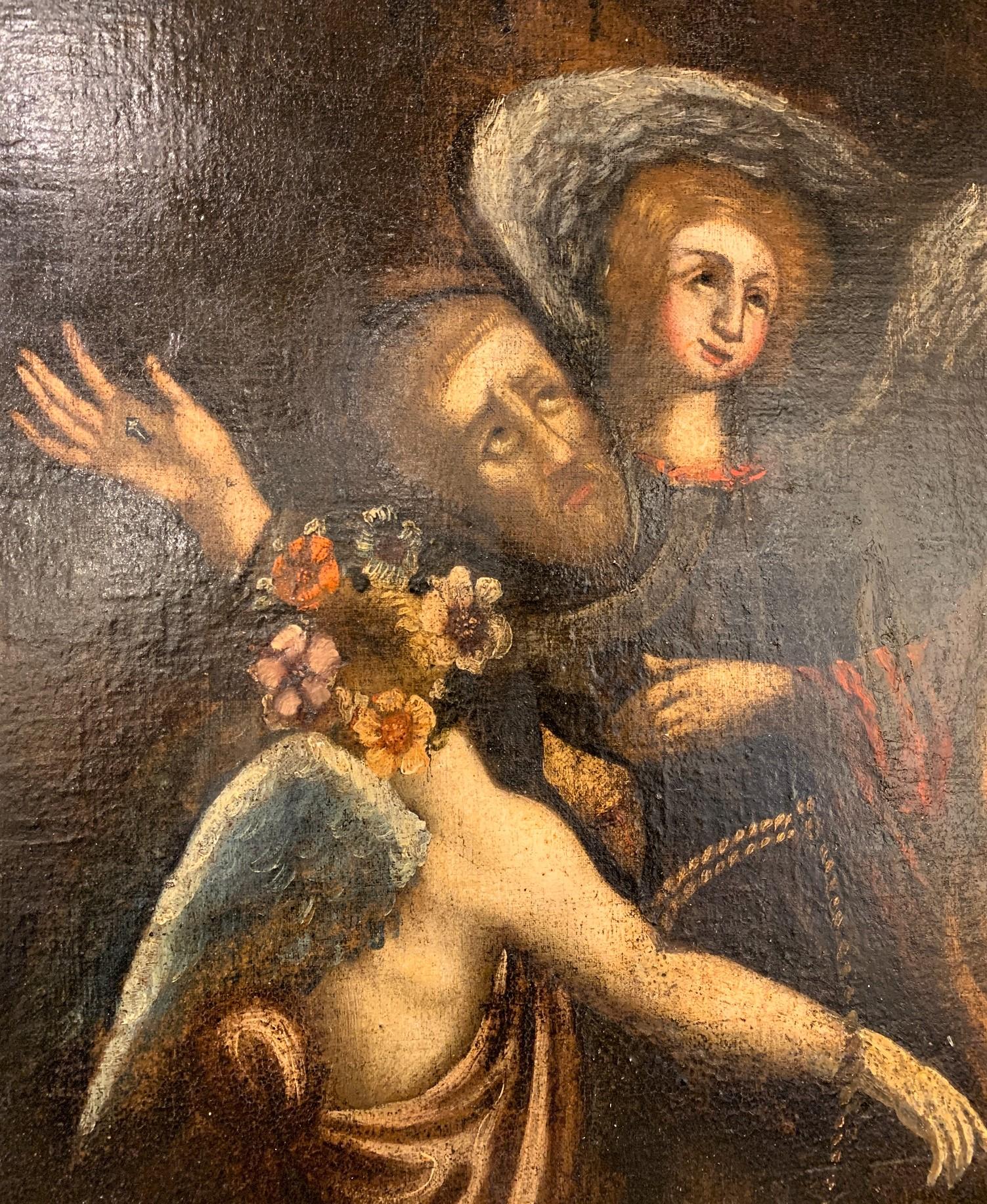 Painted 17th Century Italian Oil On Canvas Religious Scene Painting