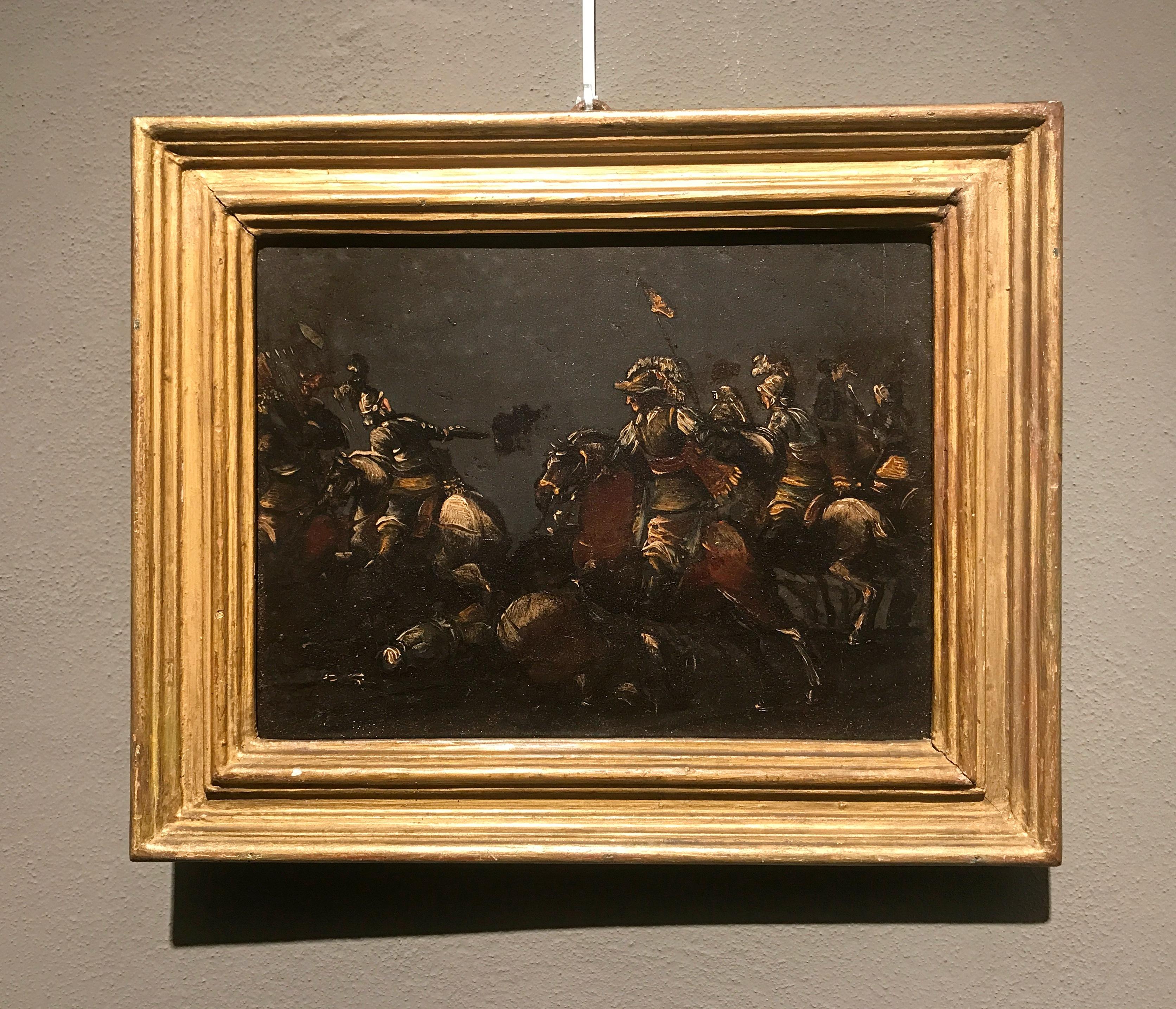 17th century, Italian oil on slate painting with A Cavalry battle scene 

Size: Frame: cm H 24 x L 30 x P 2; slate: cm 17x 5 x 23.5

The painting depicts a dynamic cavalry battle. At the center a rider with a feathered helmet advances making his