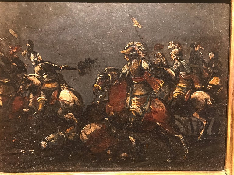 17th Century Italian Oil On Slate Painting With A Cavalry Battle