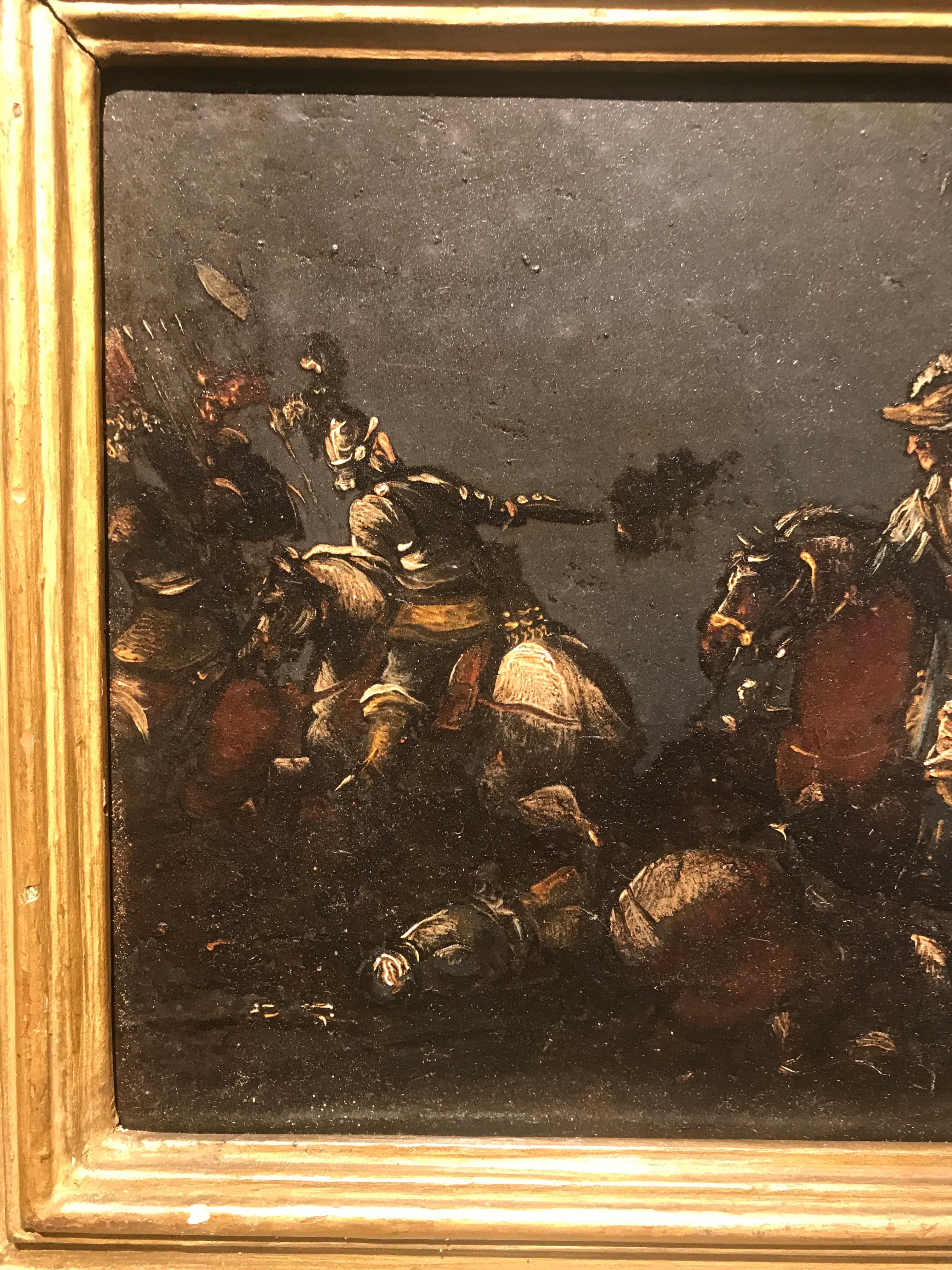 Baroque 17th Century, Italian Oil on Slate Painting with A Cavalry Battle Scene