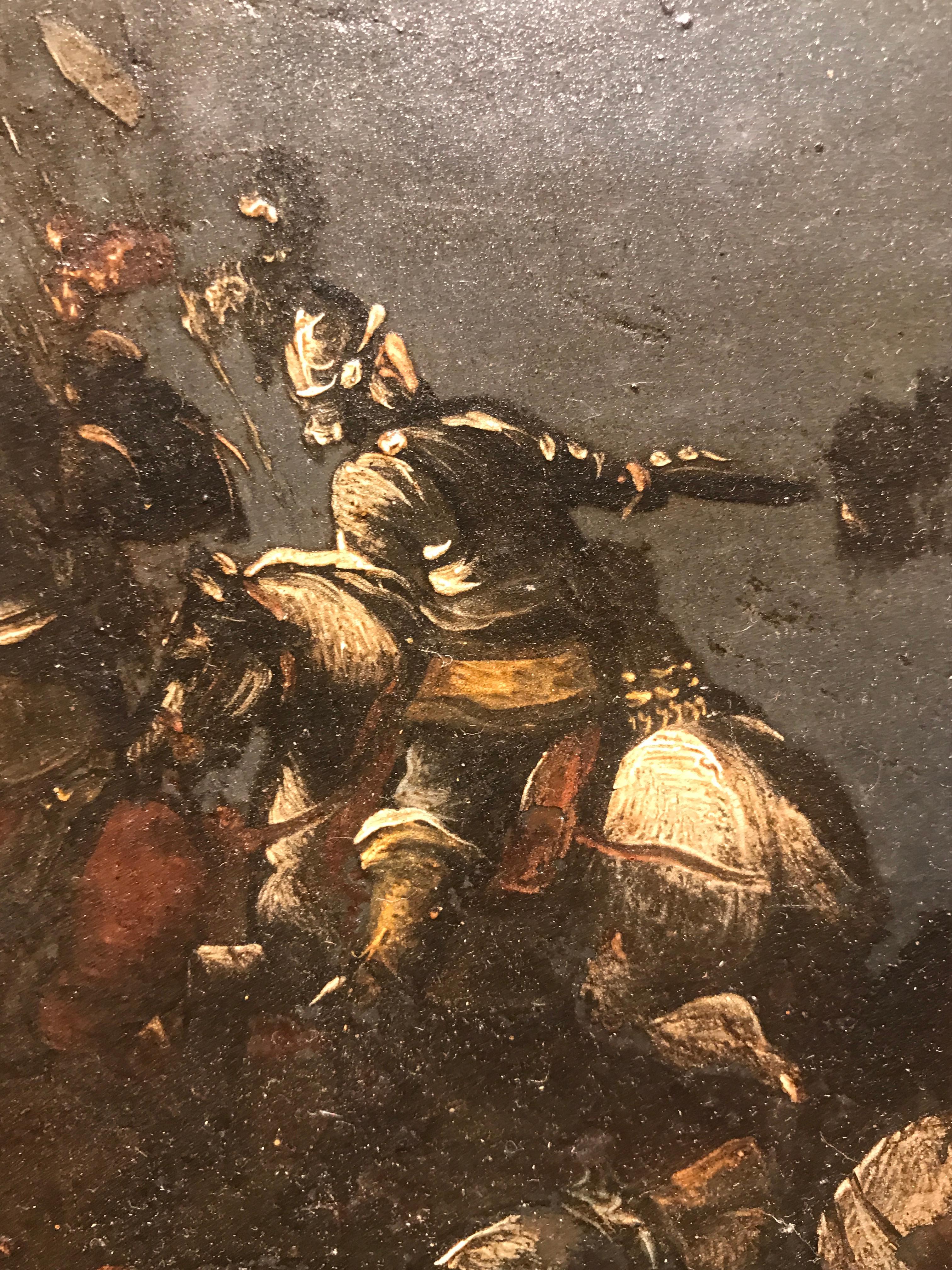 Gilt 17th Century, Italian Oil on Slate Painting with A Cavalry Battle Scene