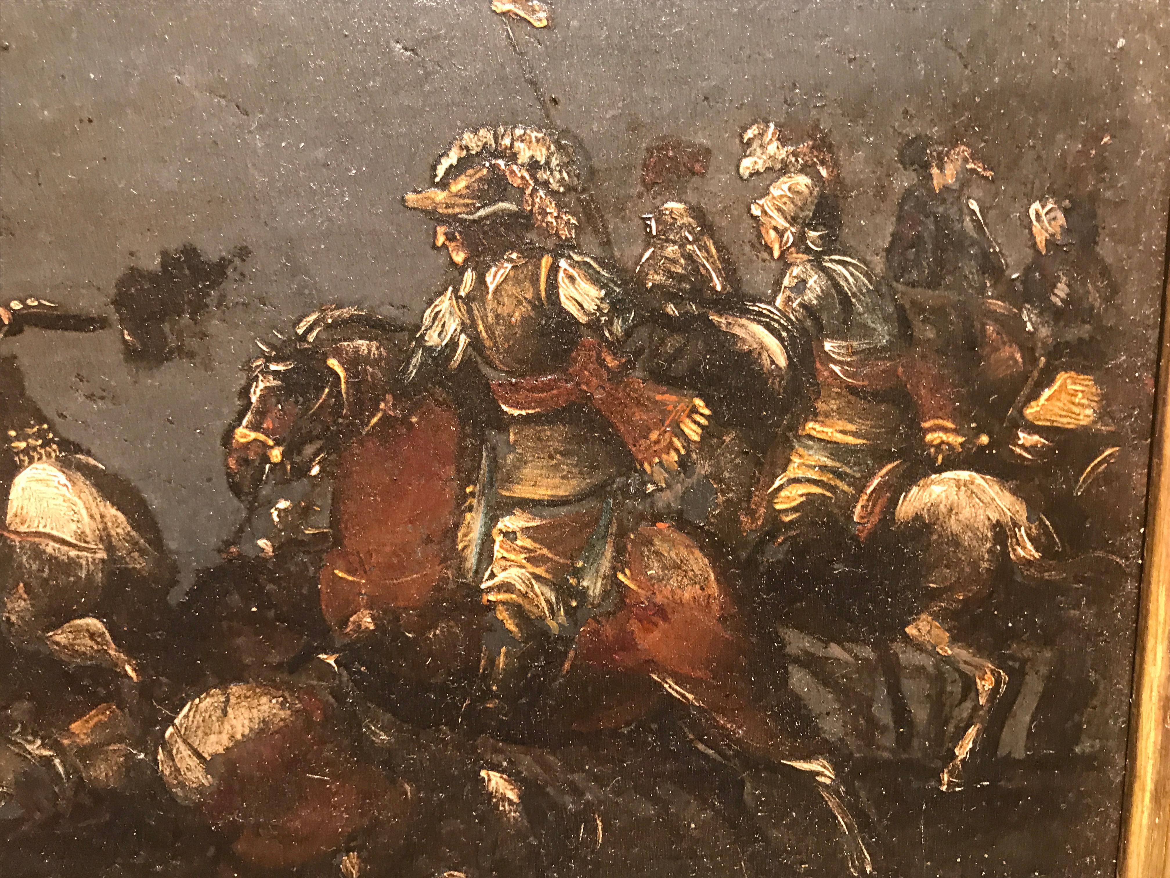 Peinture italienne à l'huile sur ardoise du 17ème siècle représentant une scène de bataille de cavalerie 3