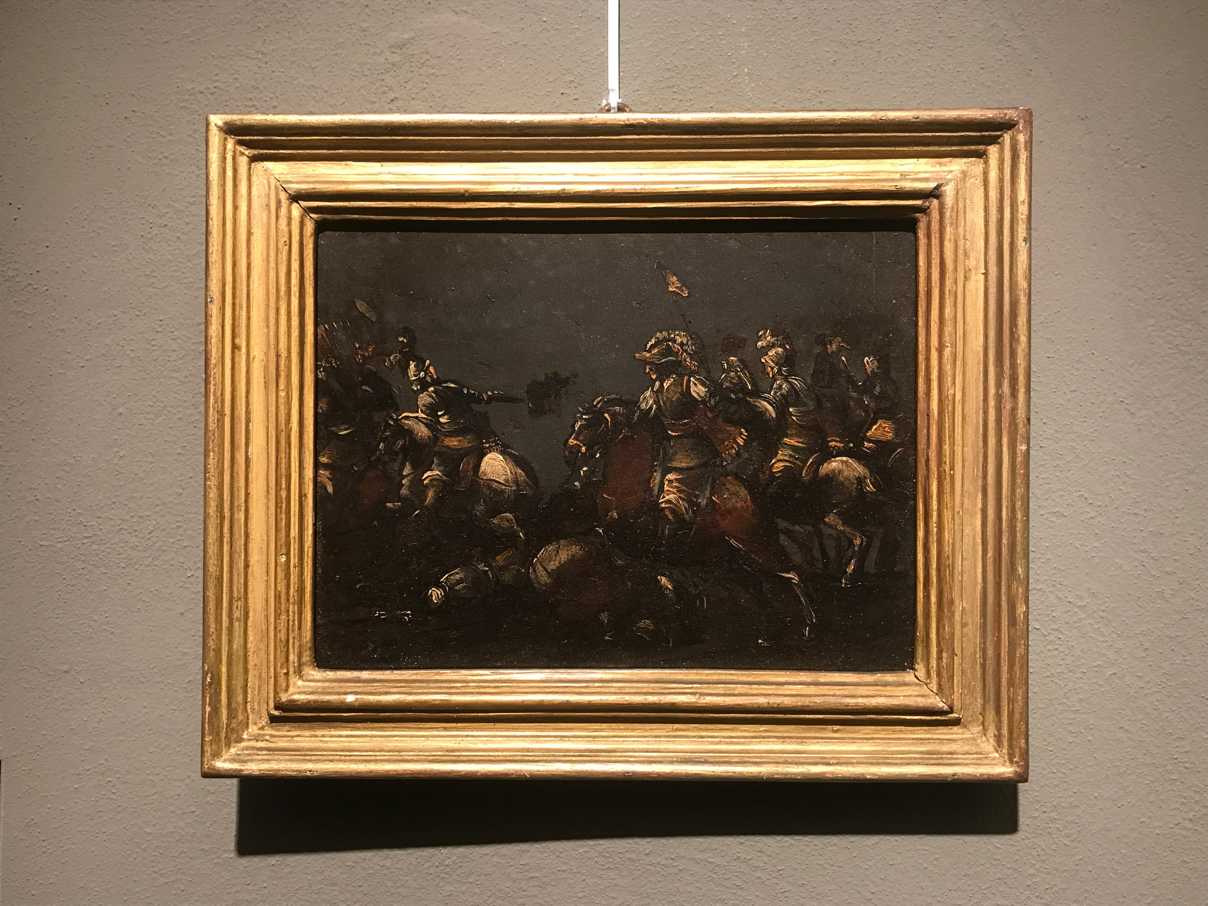 17th Century, Italian Oil on Slate Painting with A Cavalry Battle Scene 2